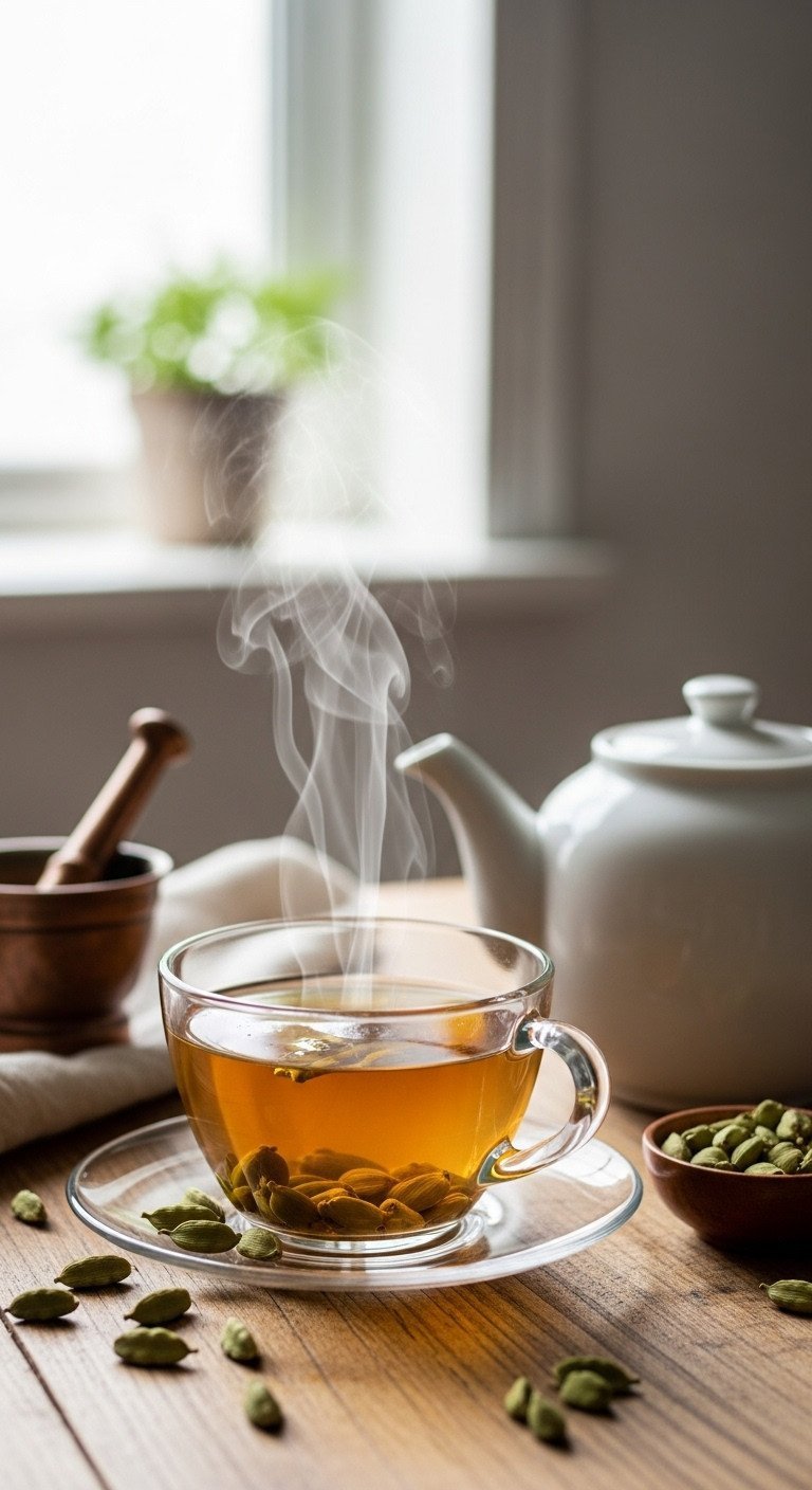 Cardamom Tea Ultimate Recipe Guide 7 Proven Benefits and Flavor Secrets 1 Steaming golden-brown cardamom tea in glass teacup, crushed green pods, and porcelain teapot on rustic wood. Cozy, natural light.