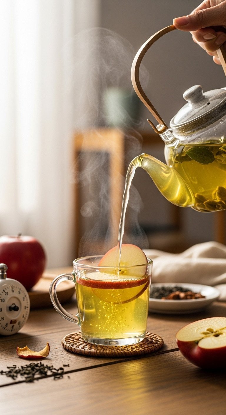 Steaming hot apple green tea poured from a ceramic teapot into a delicate glass mug with a red apple slice, on a rustic wooden table.