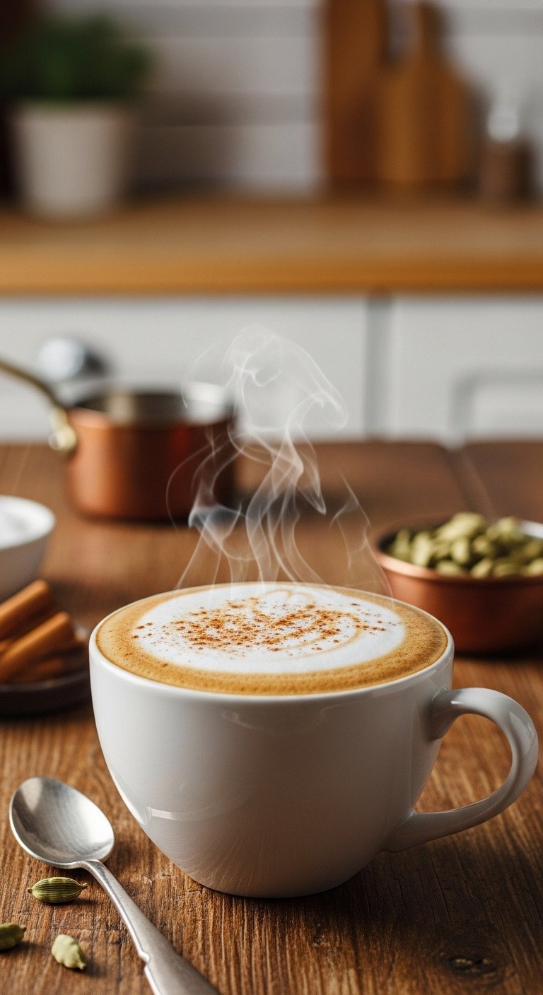 Chai Latte Recipe Master The Perfect Spice And Froth 1 Steaming hot chai latte in white ceramic mug, thick milk microfoam, cinnamon dusting, on rustic wooden table with golden light.
