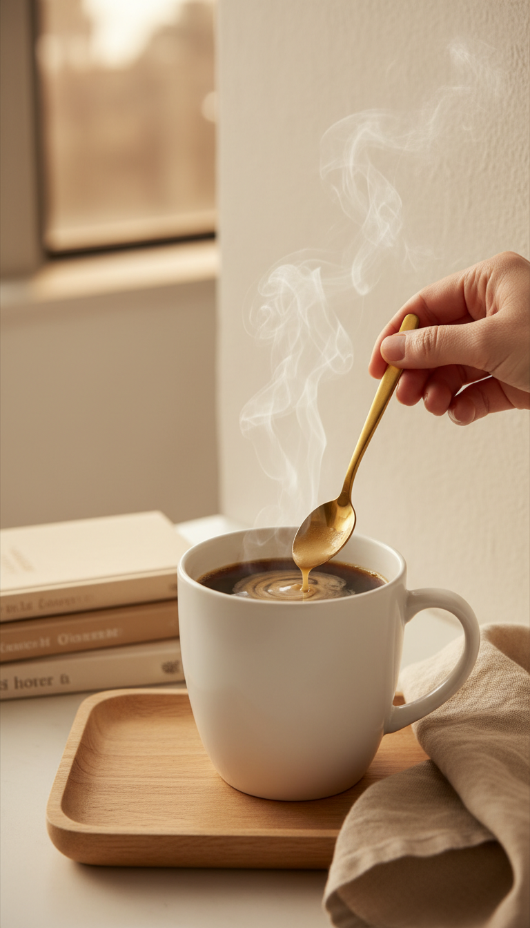Essential Homemade Cake Batter Coffee Syrup Recipe 5 Steaming hot coffee with cake batter syrup being stirred by a gold spoon in a ceramic mug on a wooden tray, cozy scene.