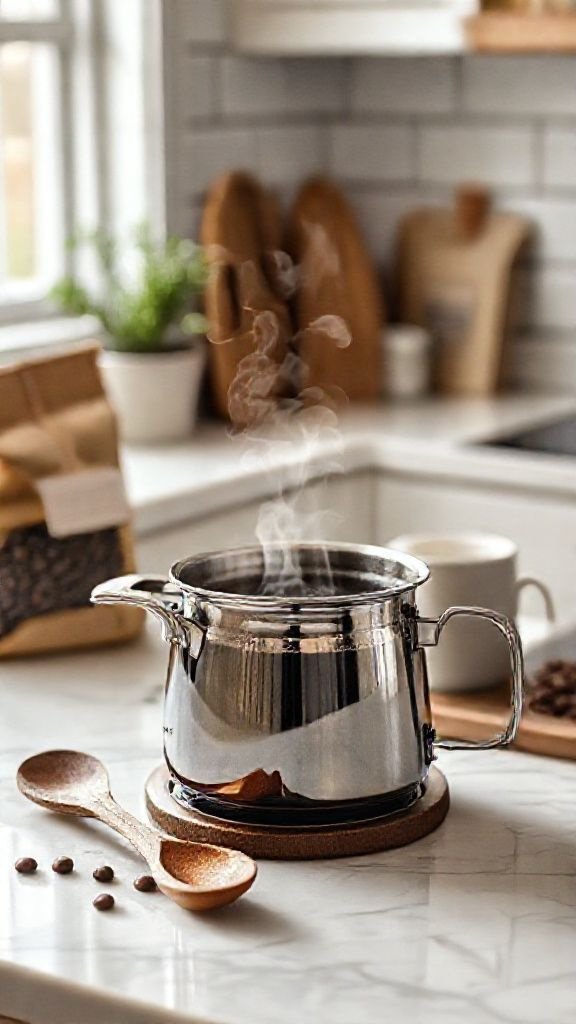 Steaming stovetop coffee in a steel saucepan on a white marble kitchen counter with a wooden spoon and whole coffee beans.