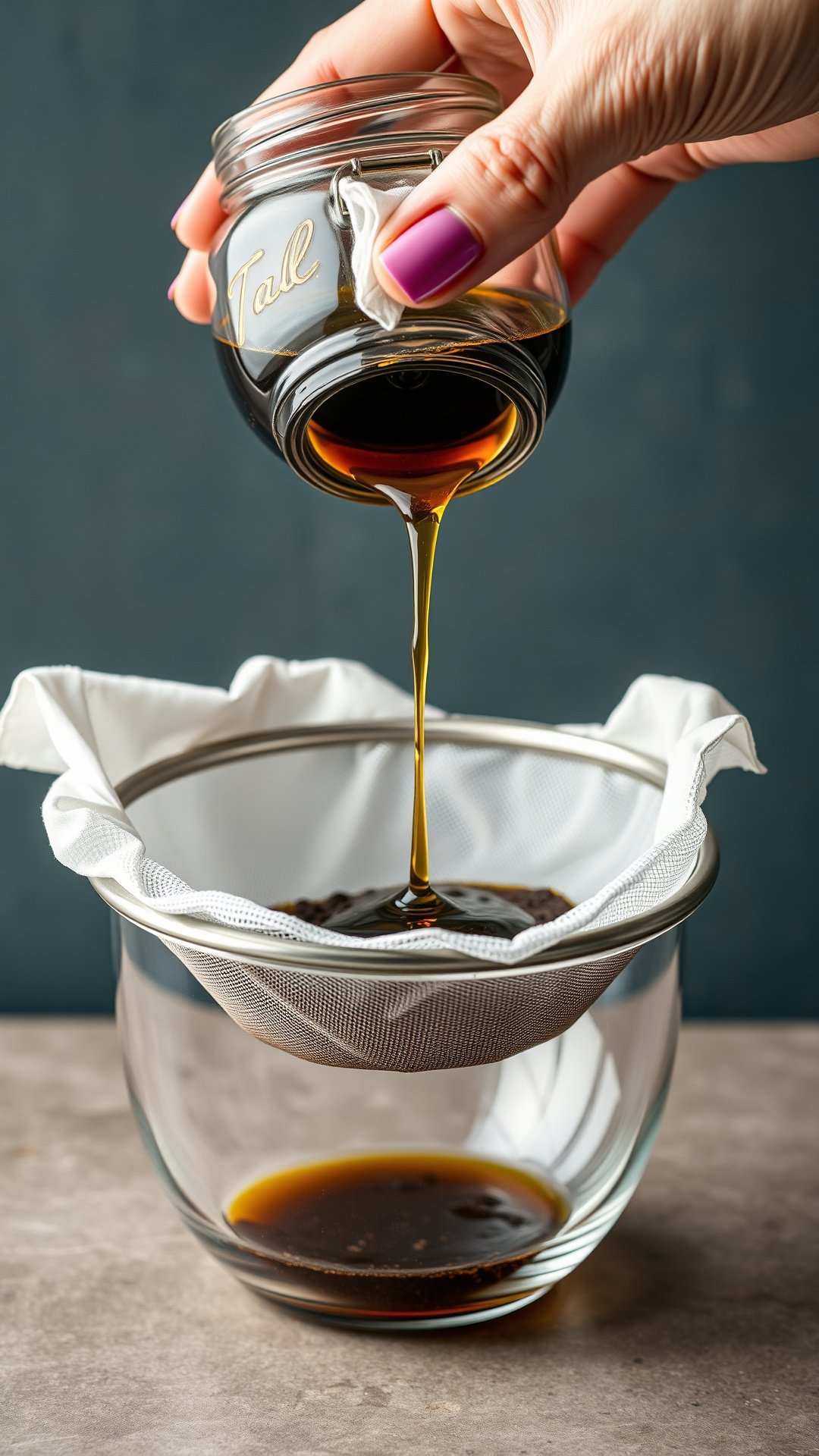 How To Make Coffee Oil At Home For Naturally Glowing Skin 11 Straining DIY coffee oil by pouring the mixture through a cheesecloth-lined sieve into a glass bowl on a slate surface.