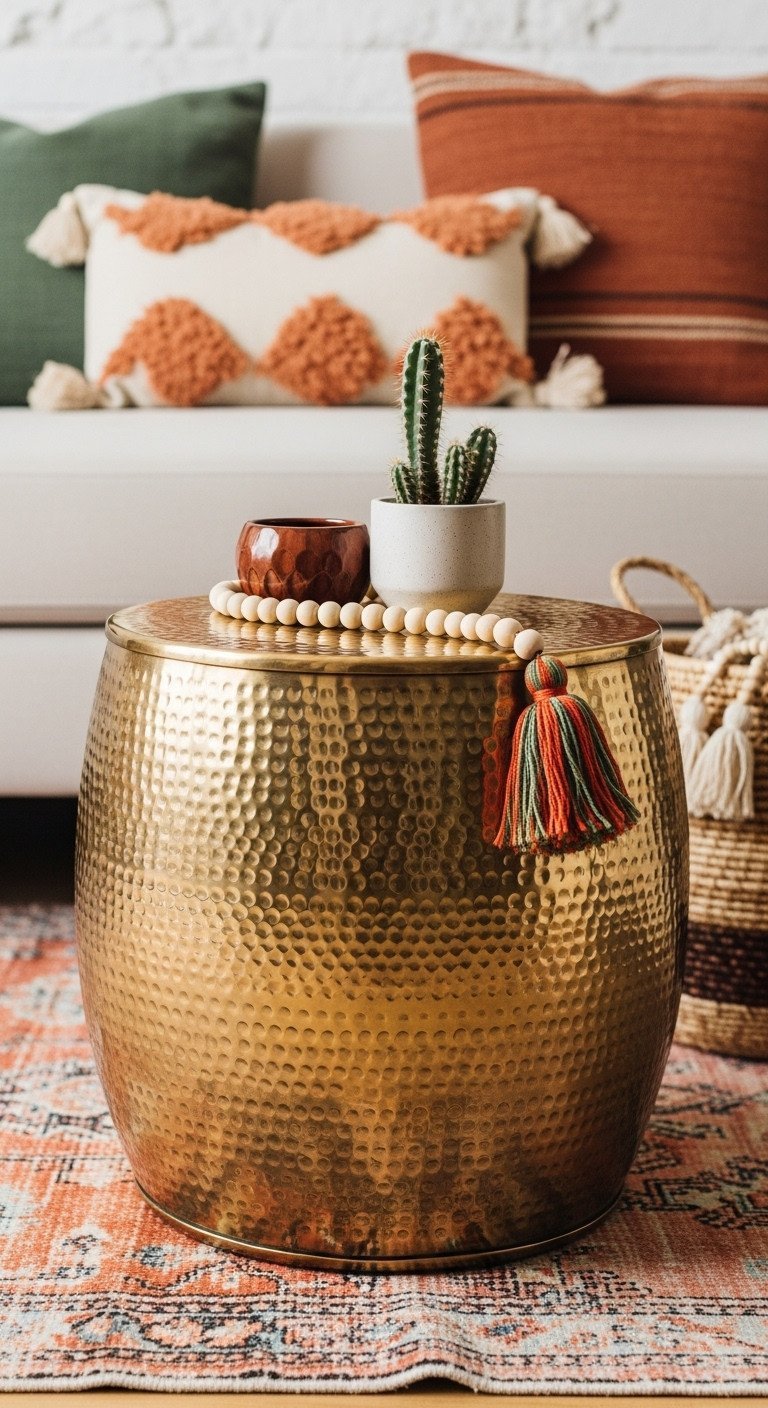 Striking hammered brass drum coffee table with tassel and cactus in a Bohemian-inspired living room.