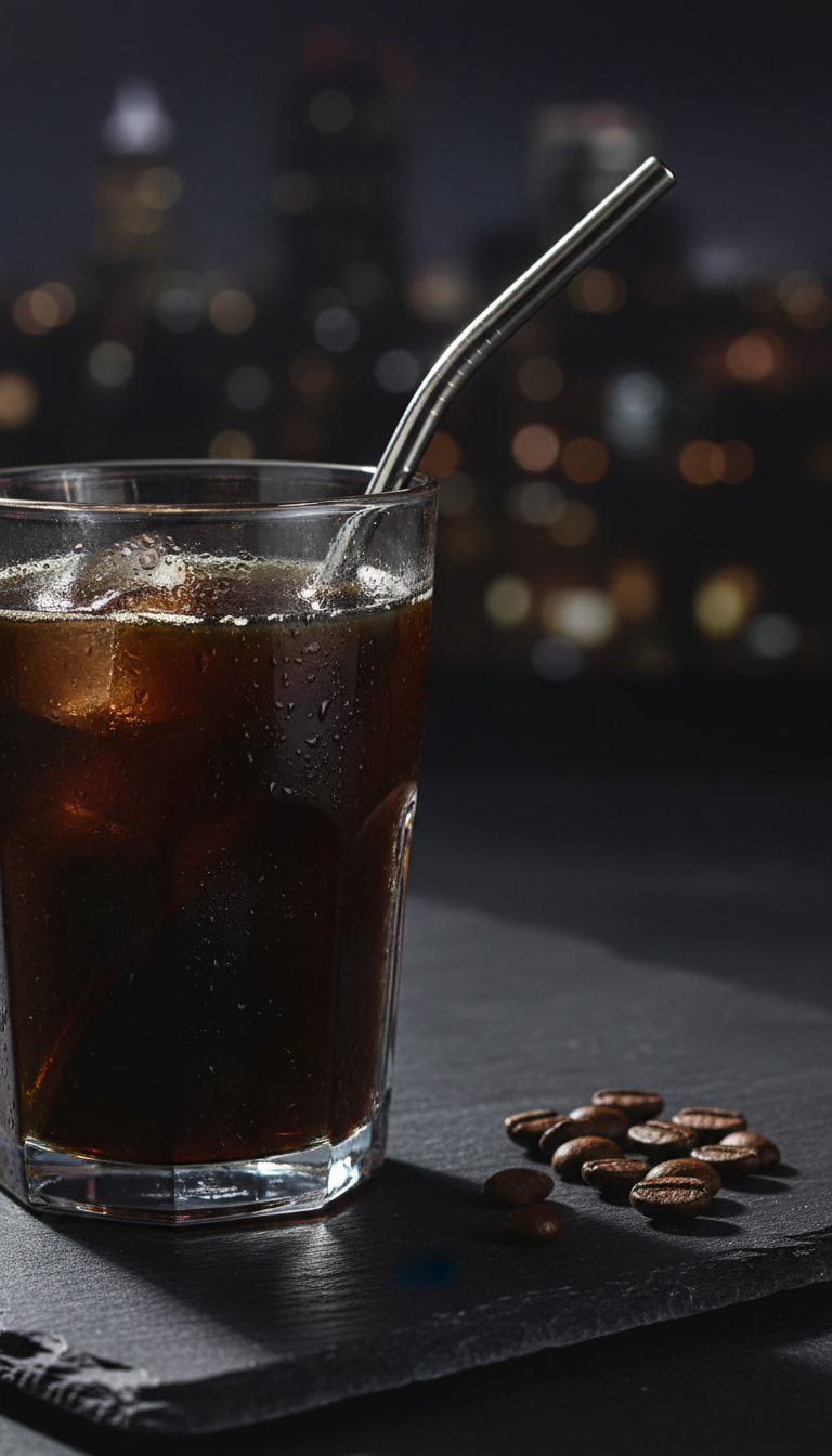 Strong Dunkin' Cold Brew, deep rich brown, with minimal ice. Dark stone, roasted coffee beans, dramatic side lighting.