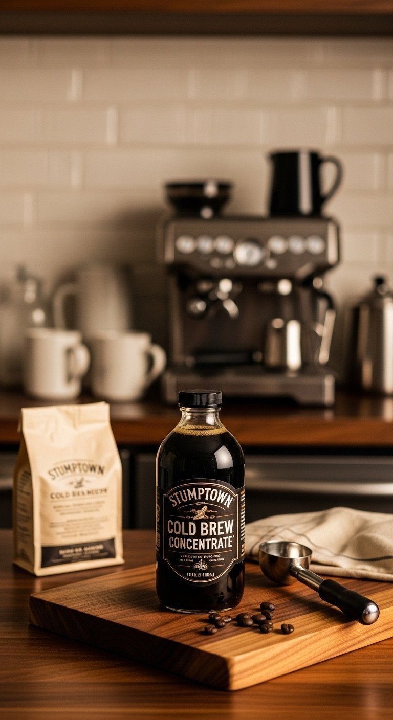 Cold Brew Concentrate The Foolproof Guide To Make Or Buy 3 Stumptown Cold Brew Concentrate bottle on a dark walnut coffee bar next to a bag of whole beans and a vintage metal scoop.