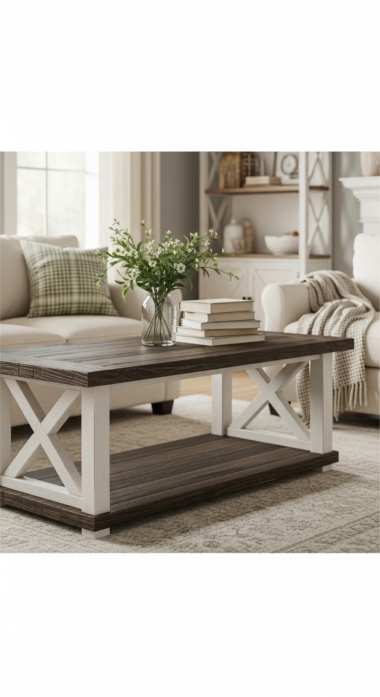 Sturdy farmhouse reclaimed wood coffee table with thick distressed dark top and classic white X-legs in a cozy living room setting.