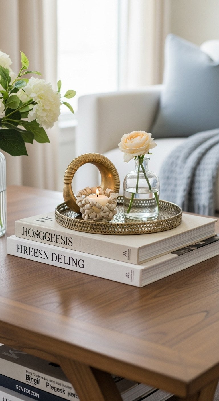 Styled wooden center table with design books, metallic tray, glass vase, and decorative object using Rule of Three.
