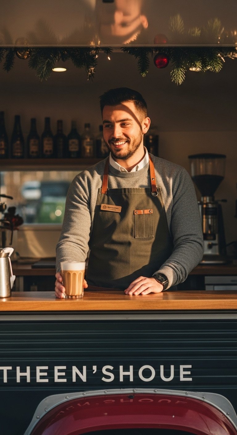 Stylish barista in festive burgundy apron with subtle logo smiling, serving a drink at a cozy Christmas coffee pop-up.