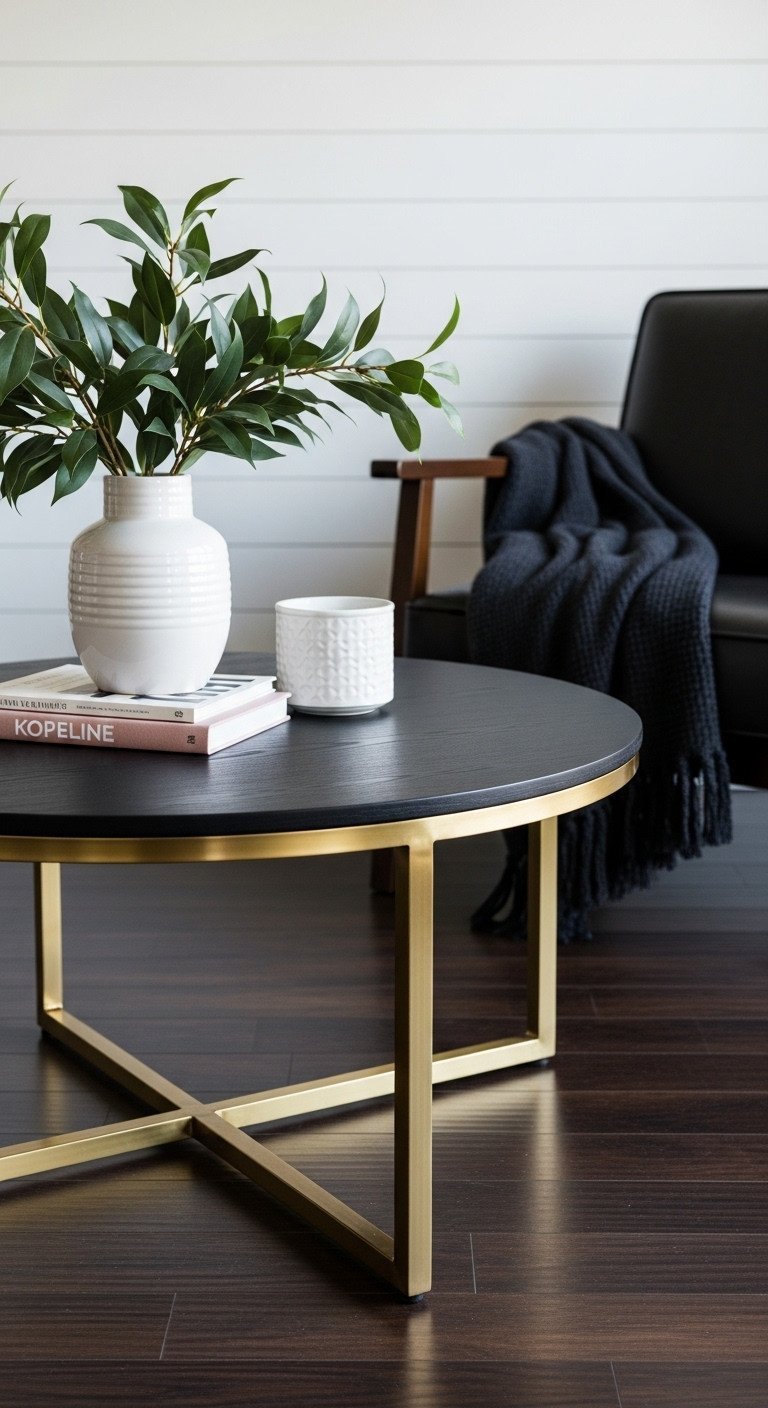 Stylish black and brass contrast round coffee table with white accessories and foliage in a dramatic living room.
