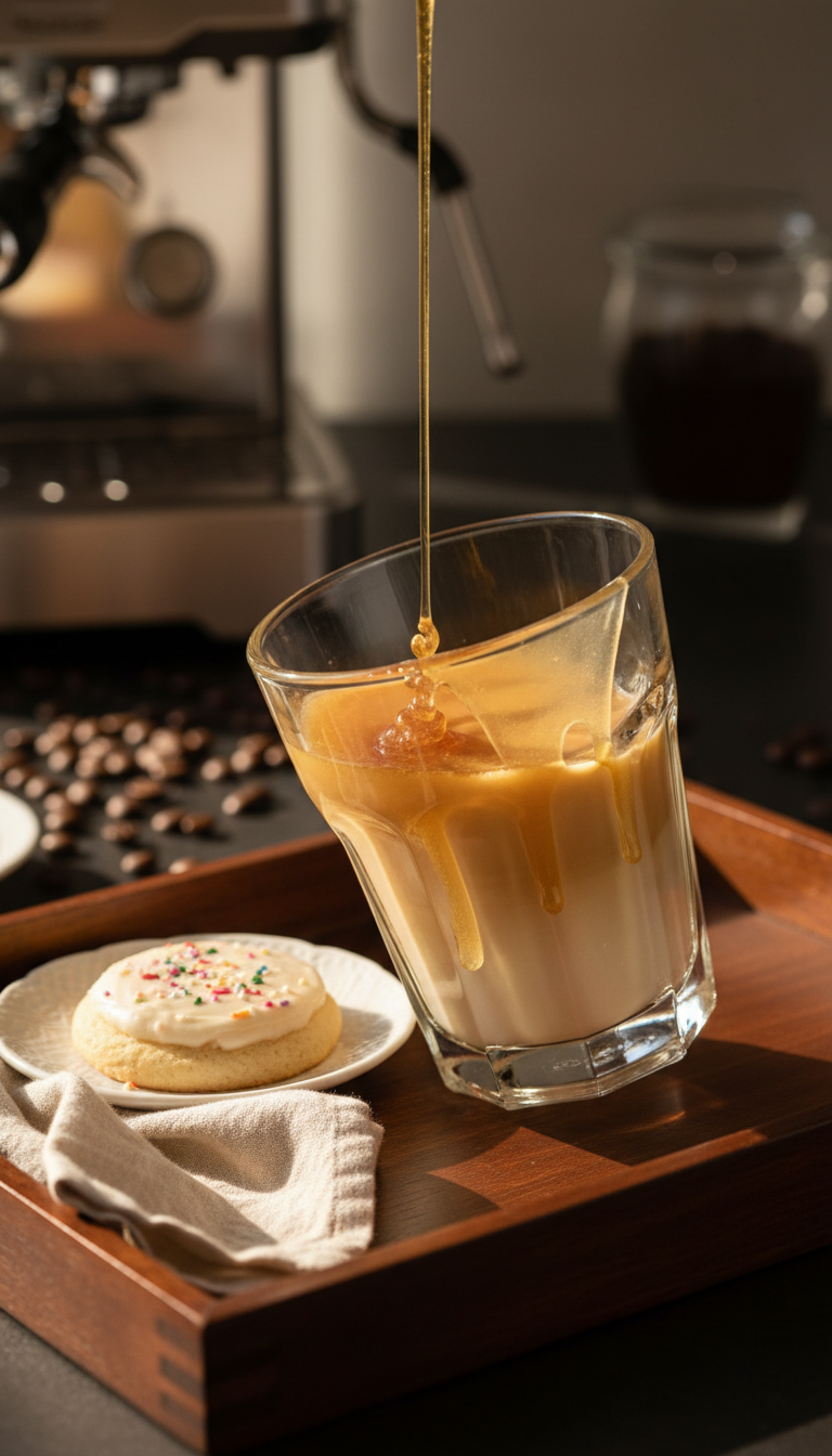 Homemade Sugar Cookie Coffee Syrup: Easy Starbucks Copycat 5 Sugar cookie syrup drizzled inside a clear glass for a layered latte. Close-up on a dark wooden tray with coffee background.