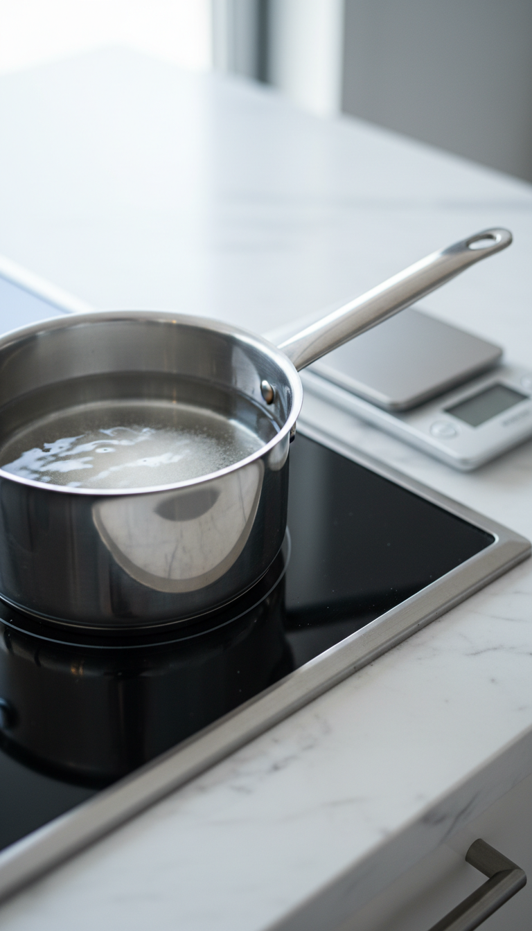 Homemade Toasted Coconut Coffee Syrup: Easy Recipe 3 Sugar dissolving into clear water in a stainless steel saucepan on a stovetop, with a kitchen scale on a marble countertop.