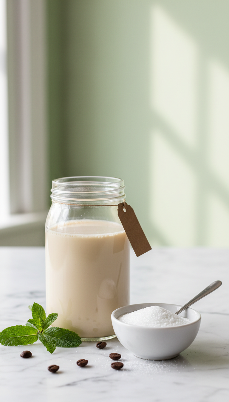 Homemade Irish Cream Coffee Syrup Without Alcohol 7 Sugar-free Irish cream syrup jar next to erythritol sweetener bowl with spoon and coffee beans on a marble counter.