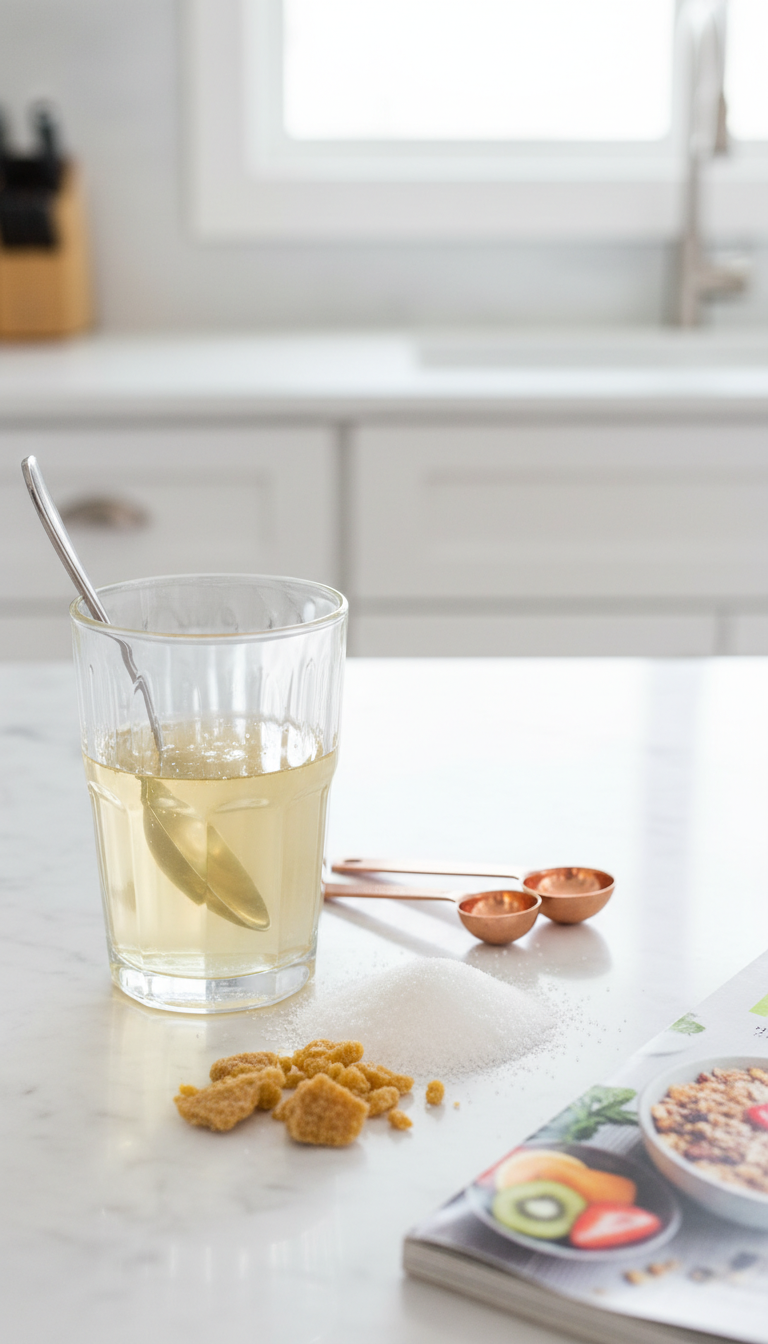 Homemade Banana Coffee Syrup: Proven Recipe for Rich Flavor 9 Sugar-free banana syrup in a clear glass with monk fruit and erythritol granules on a white marble counter.