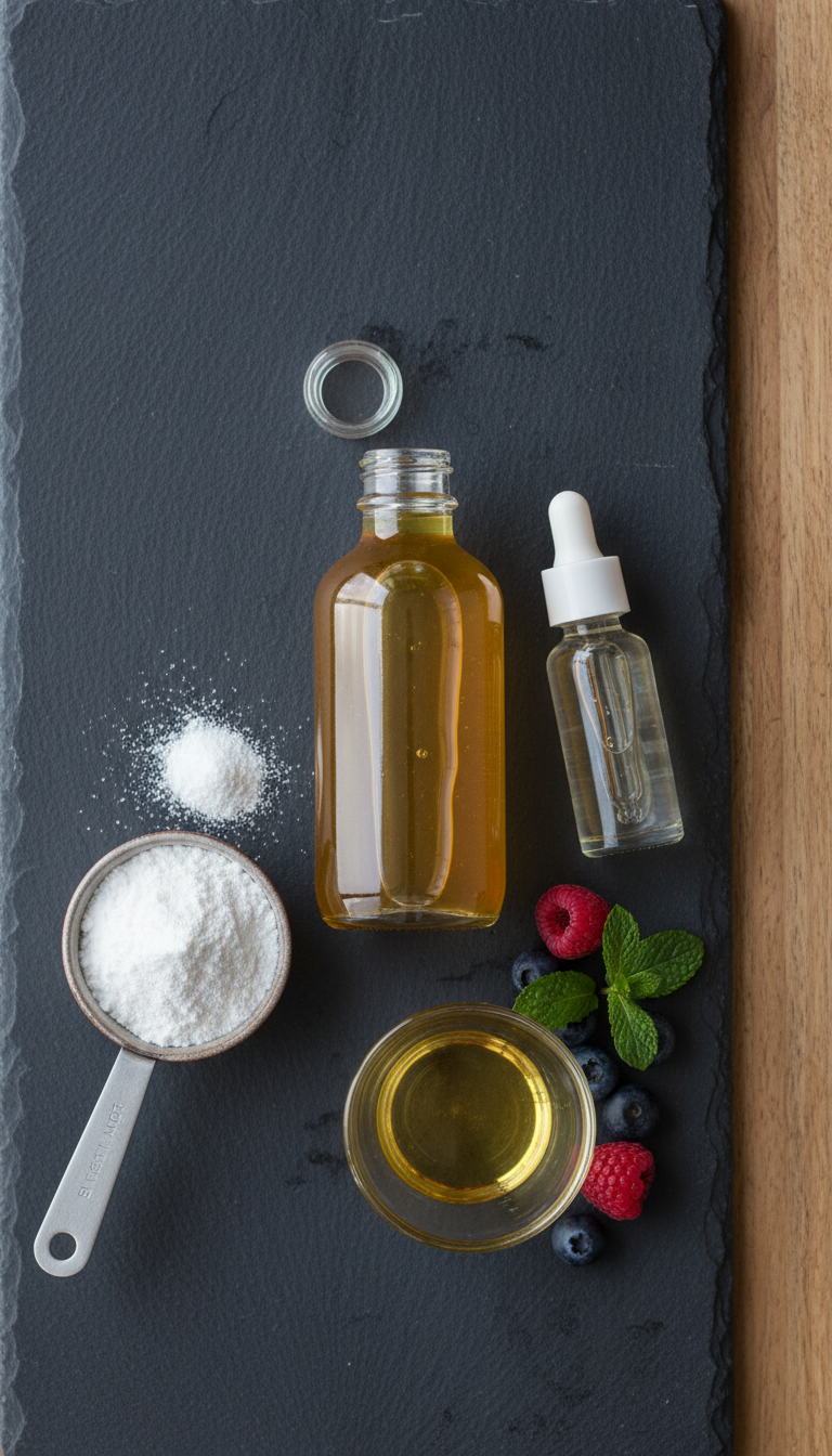 Essential Homemade Cake Batter Coffee Syrup Recipe 9 Sugar-free cake batter syrup with powdered erythritol & liquid stevia drops on a dark counter, promoting healthy options.