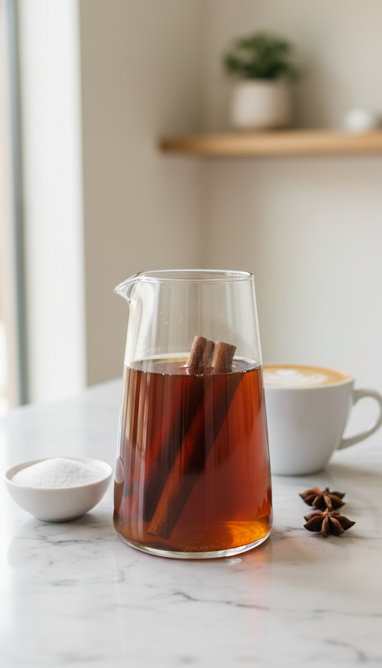 Homemade Healthy Coffee Syrups: 7 Essential Natural Recipes 3 Sugar-free cinnamon dolce syrup with whole cinnamon sticks in a glass pitcher on marble. Monk fruit and latte art details.