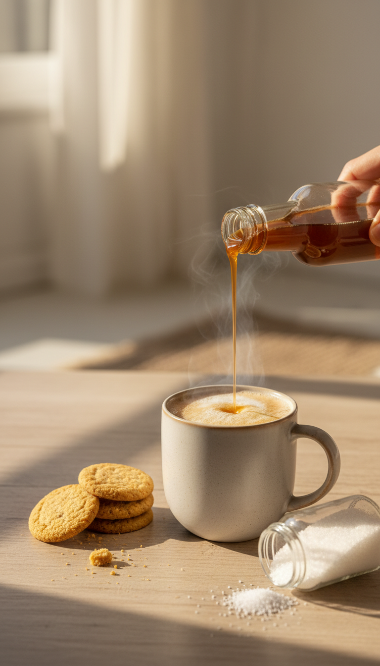 Homemade Cinnamon Coffee Syrup: Starbucks Copycat 5 Sugar-free cinnamon syrup being poured from a bottle into a steaming low-carb almond milk coffee with keto cookies, golden hour light.