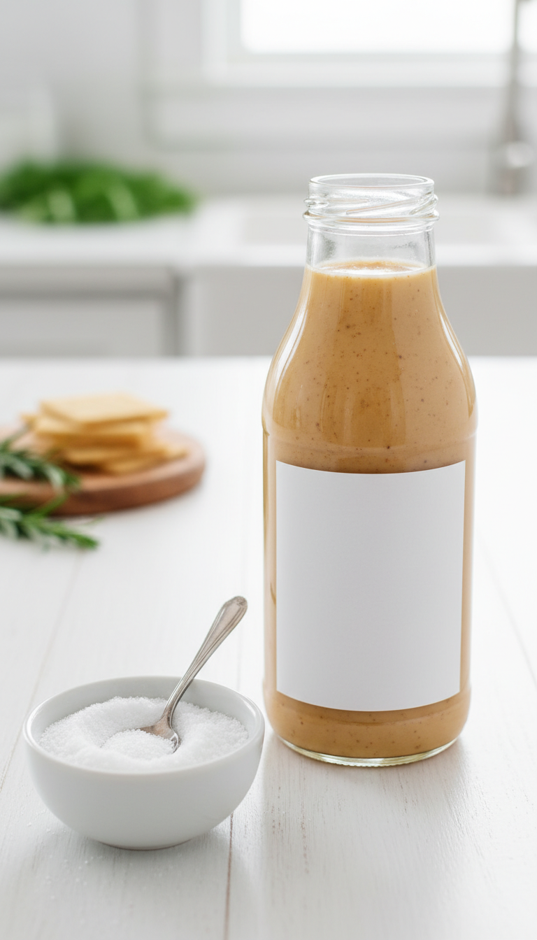 Homemade Cookie Butter Syrup: Easy Cafe-Style Recipe 7 Sugar-free cookie butter syrup in labeled bottle with sugar substitutes on white table. Bright daylight for healthy preparation.