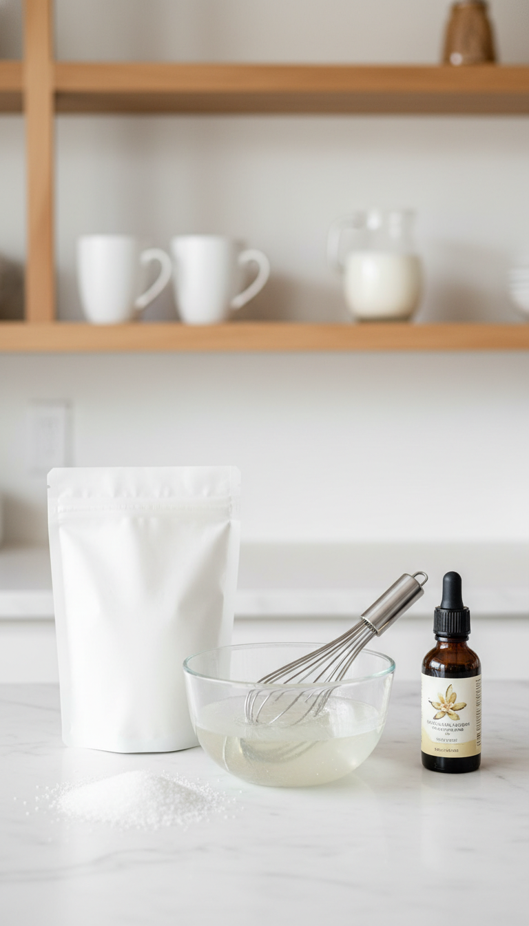 Homemade Coffee Syrup Flavors: 11 Easy Recipes to Master 21 Sugar-free keto vanilla syrup is gently stirred in a glass bowl with erythritol and vanilla extract on marble.