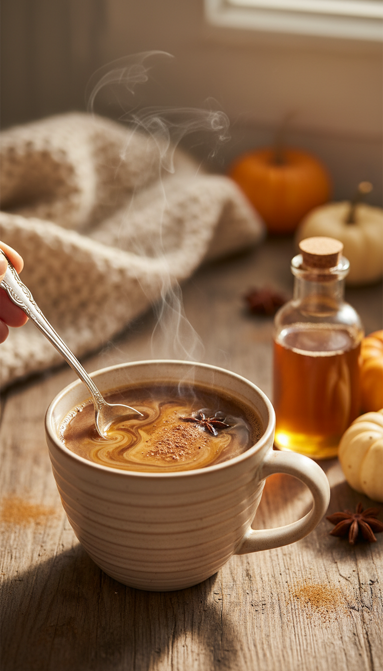 Homemade Sugar Free Coffee Syrup: 5 Easy & Healthy Recipes 6 Sugar-free pumpkin spice syrup mixing into a warm coffee mug with steam, gourds, and cinnamon on a rustic table.