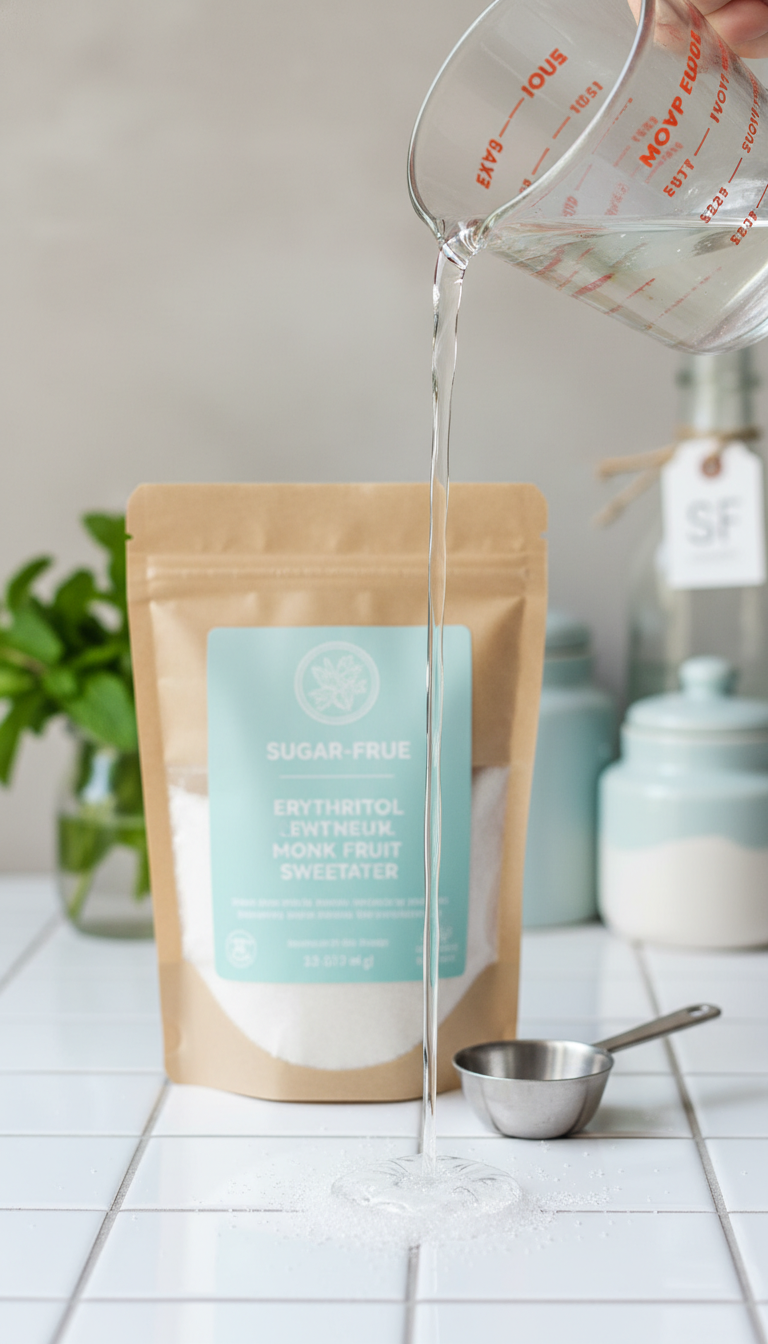 Homemade Peppermint Coffee Syrup Perfect Coffeehouse Taste 9 Sugar-free simple syrup poured from a glass measuring cup, with a bag of granular sugar alternative in the background.