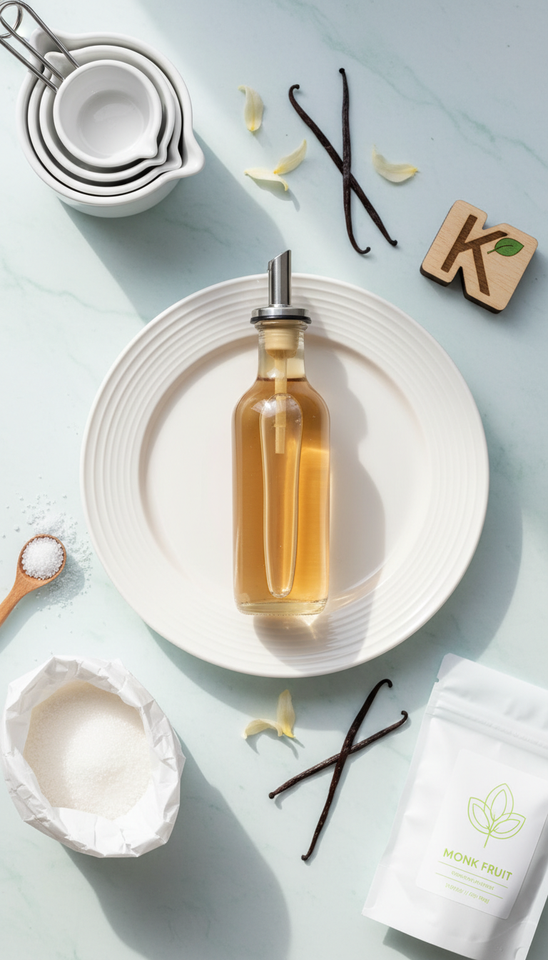 Homemade Vanilla Coffee Syrup: Ultimate Recipe Guide 5 Sugar-free vanilla coffee syrup in dispenser, with erythritol on plate, highlighting keto-friendly, health-conscious ingredients.