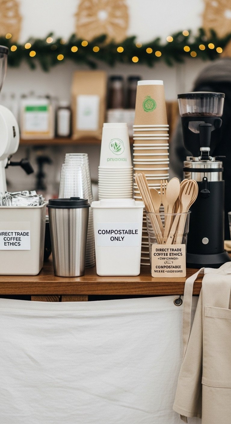 Sustainable zero-waste Christmas coffee pop-up with reusable travel mug, compostable bin, and ethical equipment on wood.