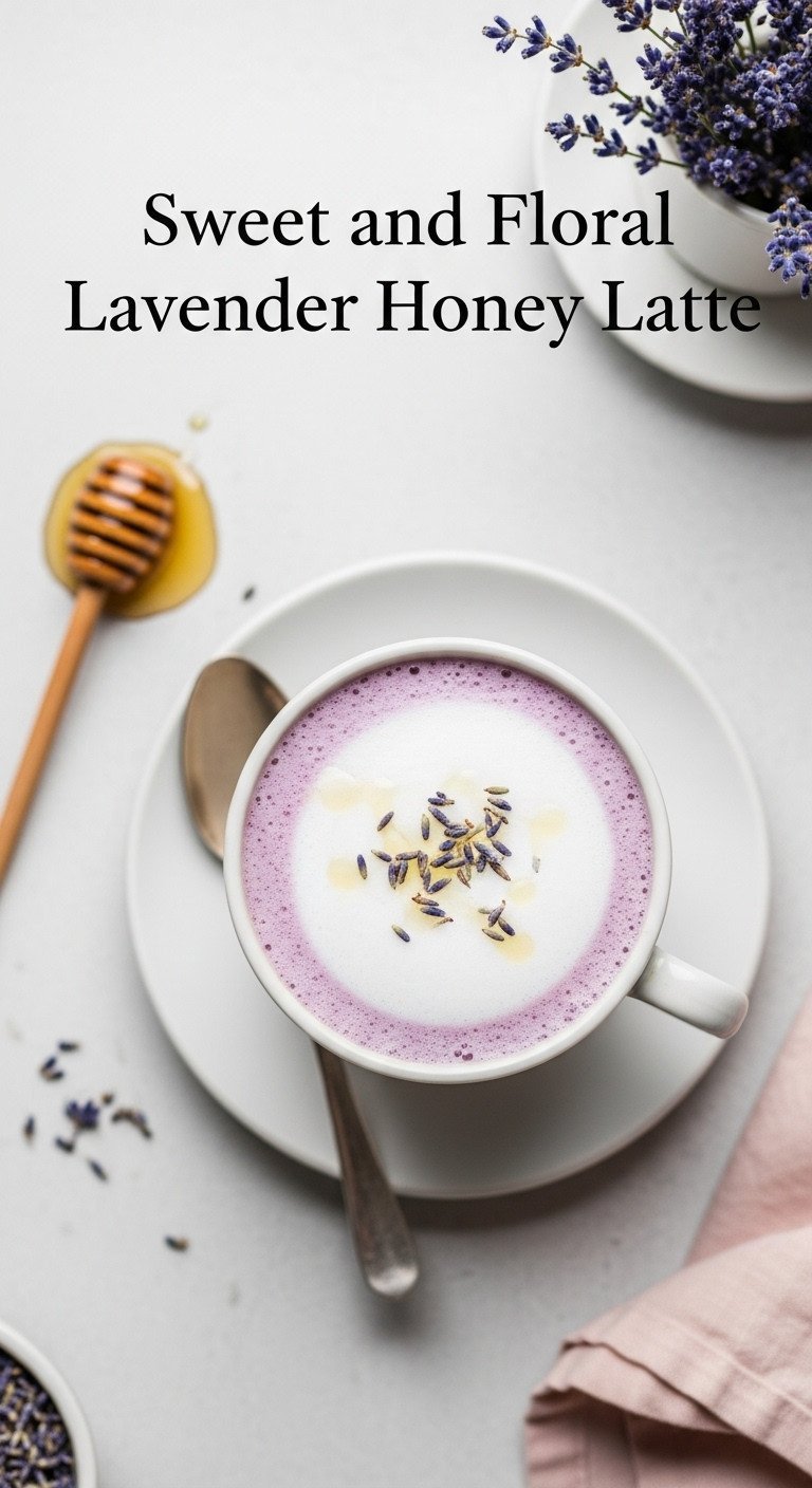 Tea Latte Recipes Ultimate Guide To Perfect Ratios And Foam 17 Sweet, floral Lavender Honey Latte, pale purple, white foam, dried lavender in cup. Honey, lavender buds on ceramic. Serene.