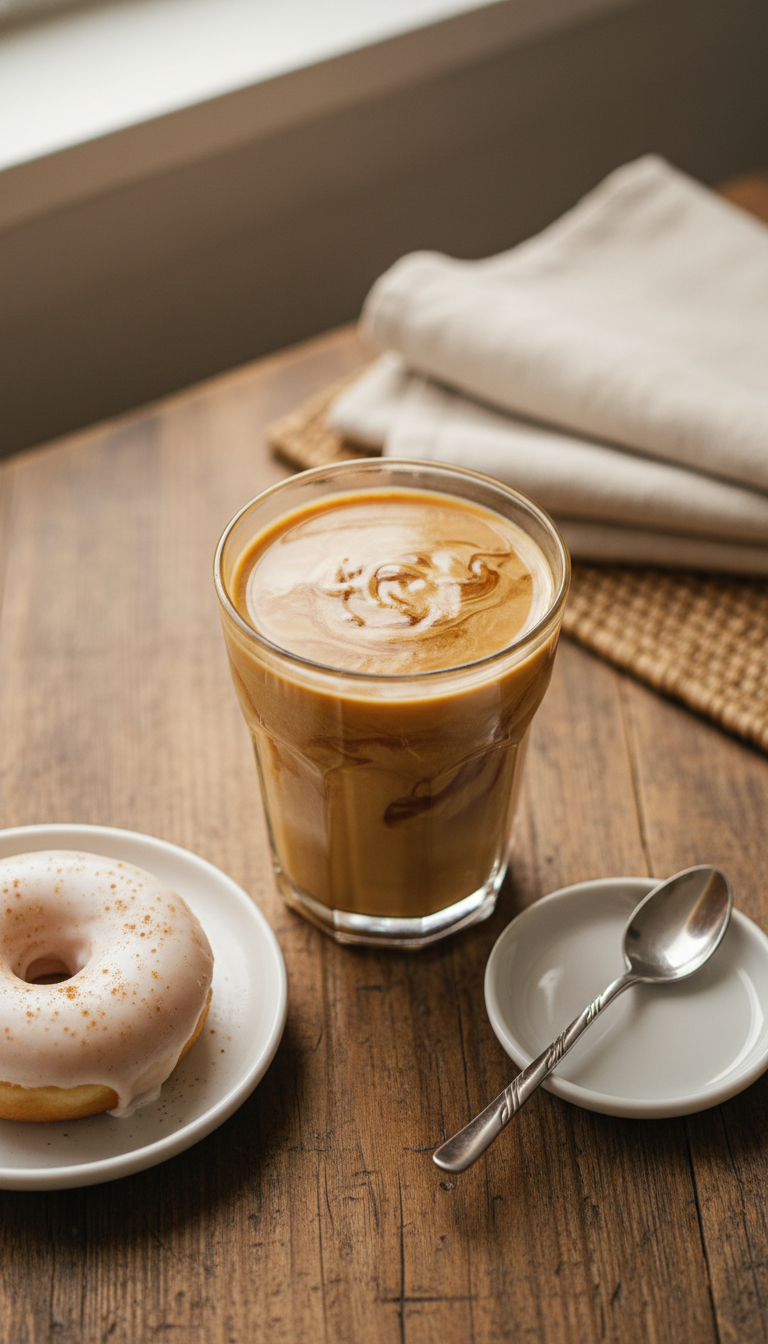 Your Essential Dunkin Hazelnut Iced Coffee Order Guide 3 Sweet hazelnut swirl iced coffee, caramel color, syrup mixing into creamy liquid on rustic wood with donut.