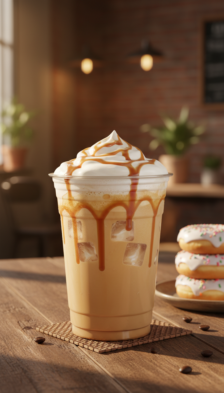 7 Sweet Dunkin Iced Coffee Orders: Ultimate Guide & Custom Tips 1 Sweet iced coffee, Dunkin-style cup, rich caramel drizzle, frothy cold foam, ice cubes. Rustic table, blurred cafe, warm golden light.