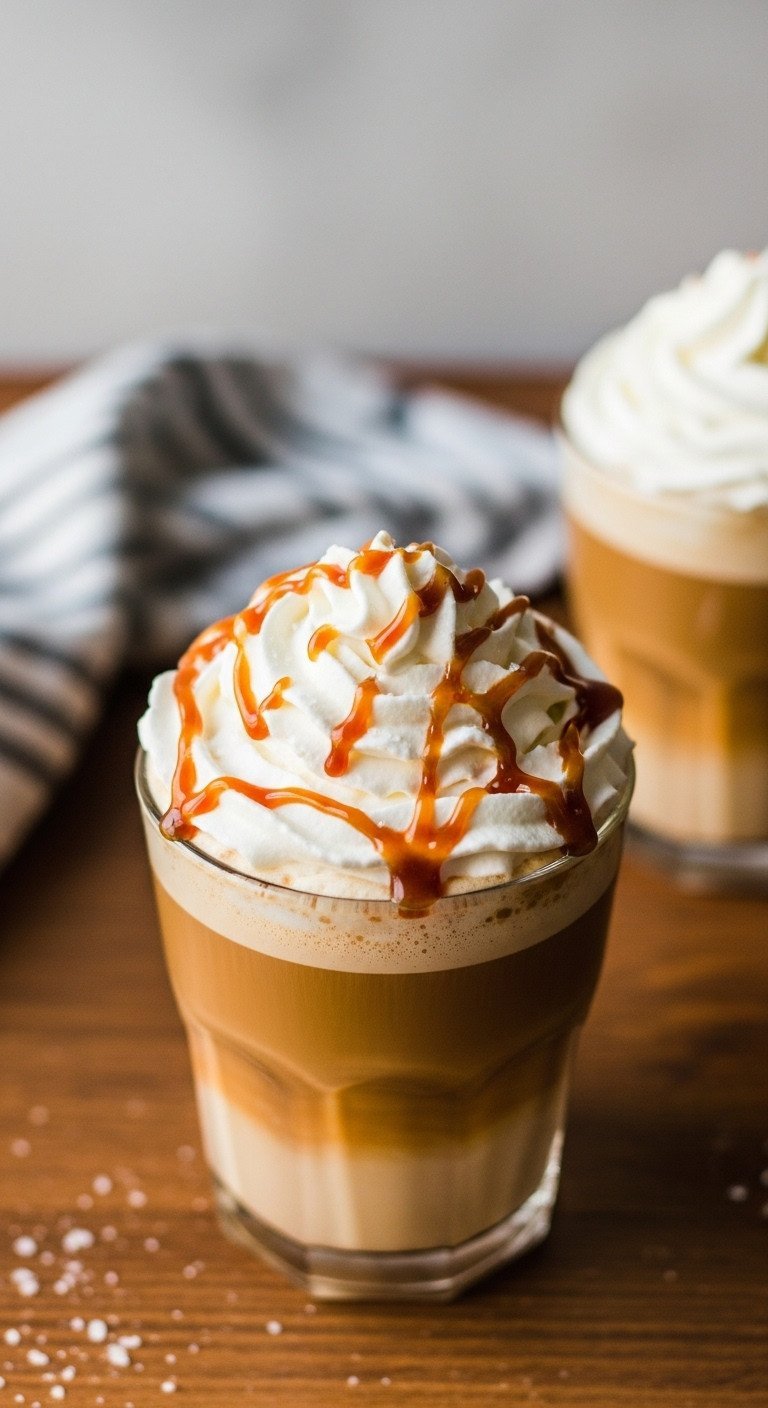 Sweet salty hot latte with whipped cream, dark salted caramel drizzle. Natural wood table, warm golden hour light, textured wall.