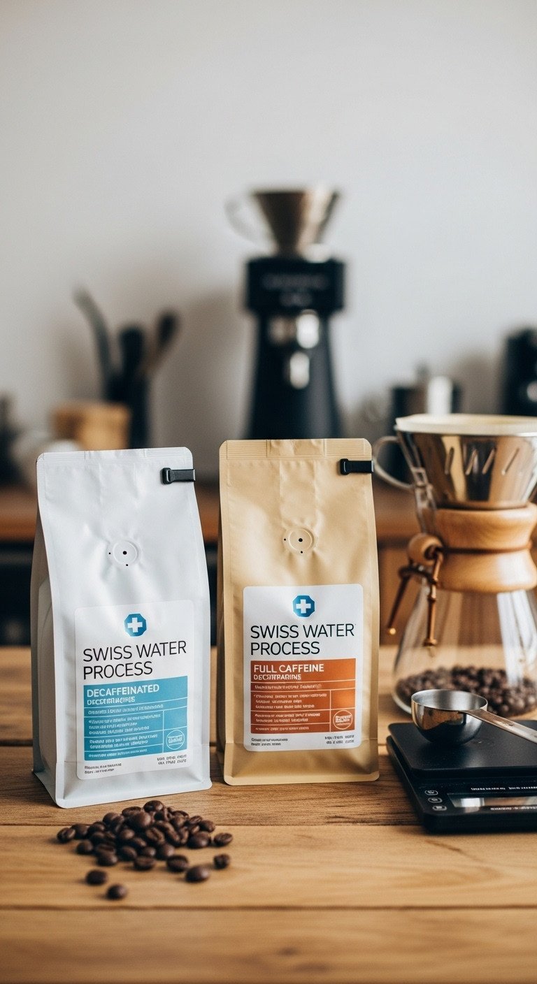 7 Secrets To Perfect Half Caff Coffee Jitters Free 1 Swiss Water Process certified decaf and regular coffee beans in bags on a rustic wood table with scale, highlighting quality.