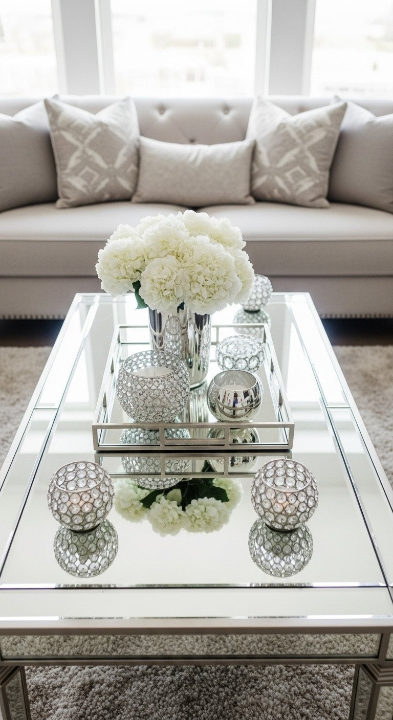 Glam Coffee Table: Smart Styling Tips for a Luxurious Home 1 Symmetrical glam coffee table styling flat lay. Mirrored table with decorative tray, silver and crystal accents. White, gray decor.