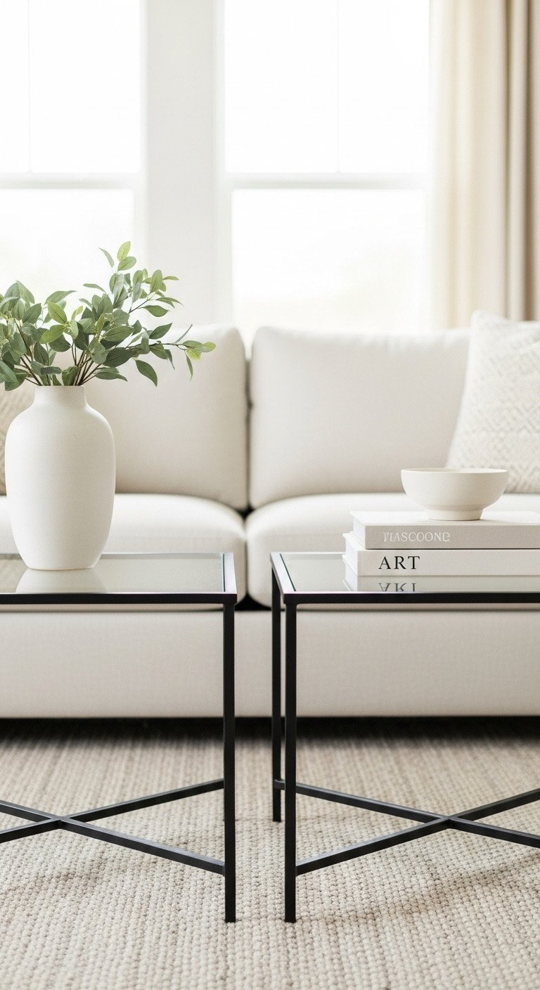 Symmetrical square metal & glass coffee tables with vase & books on a rug in front of a sofa. Elegant, neutral-toned modern living room.
