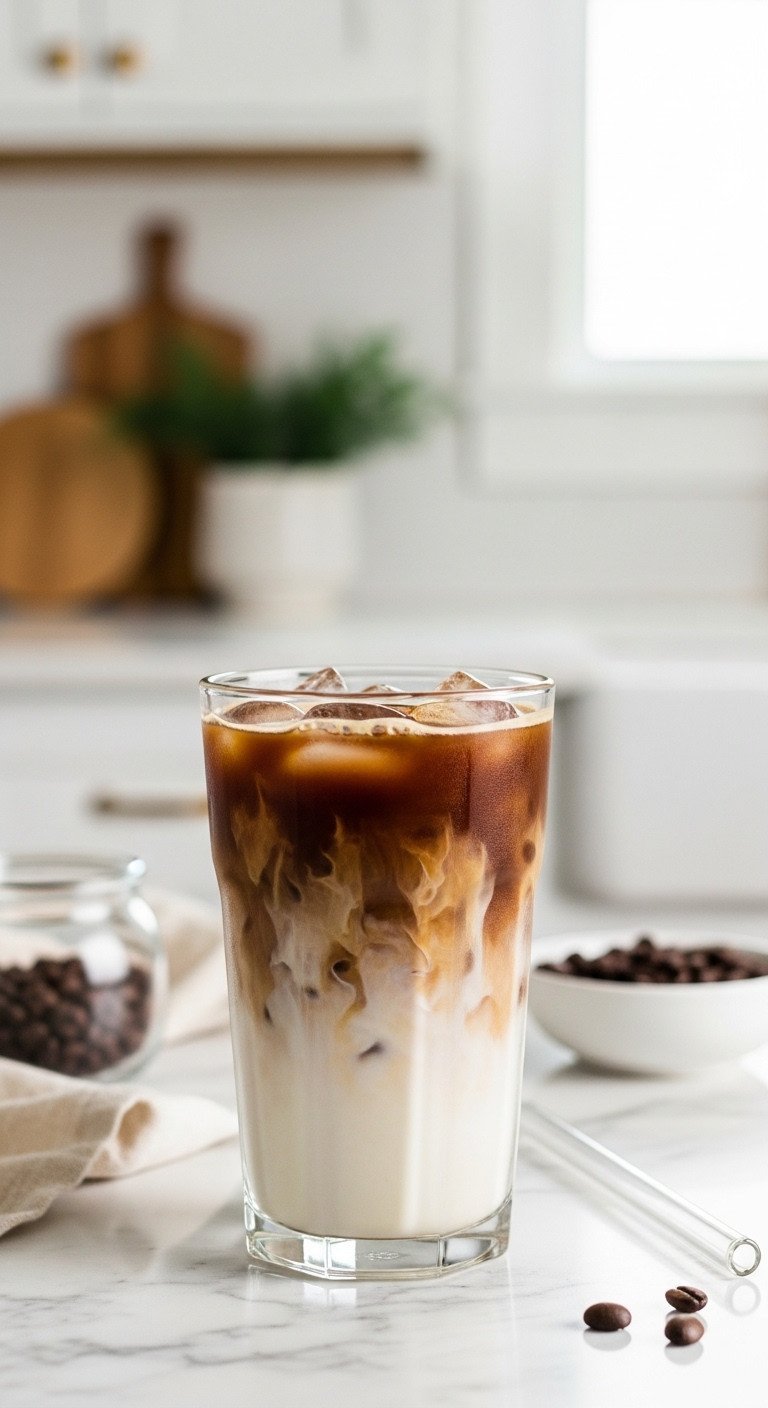 Tall glass of Dunkin'-style iced coffee with milk swirls and a glass straw on a white marble countertop in a bright kitchen.