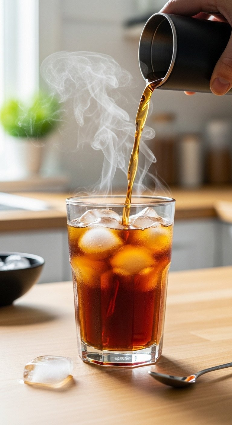 Tall glass of clear amber flash brew iced coffee with ice and condensation on a light wooden countertop. Refreshing drink.