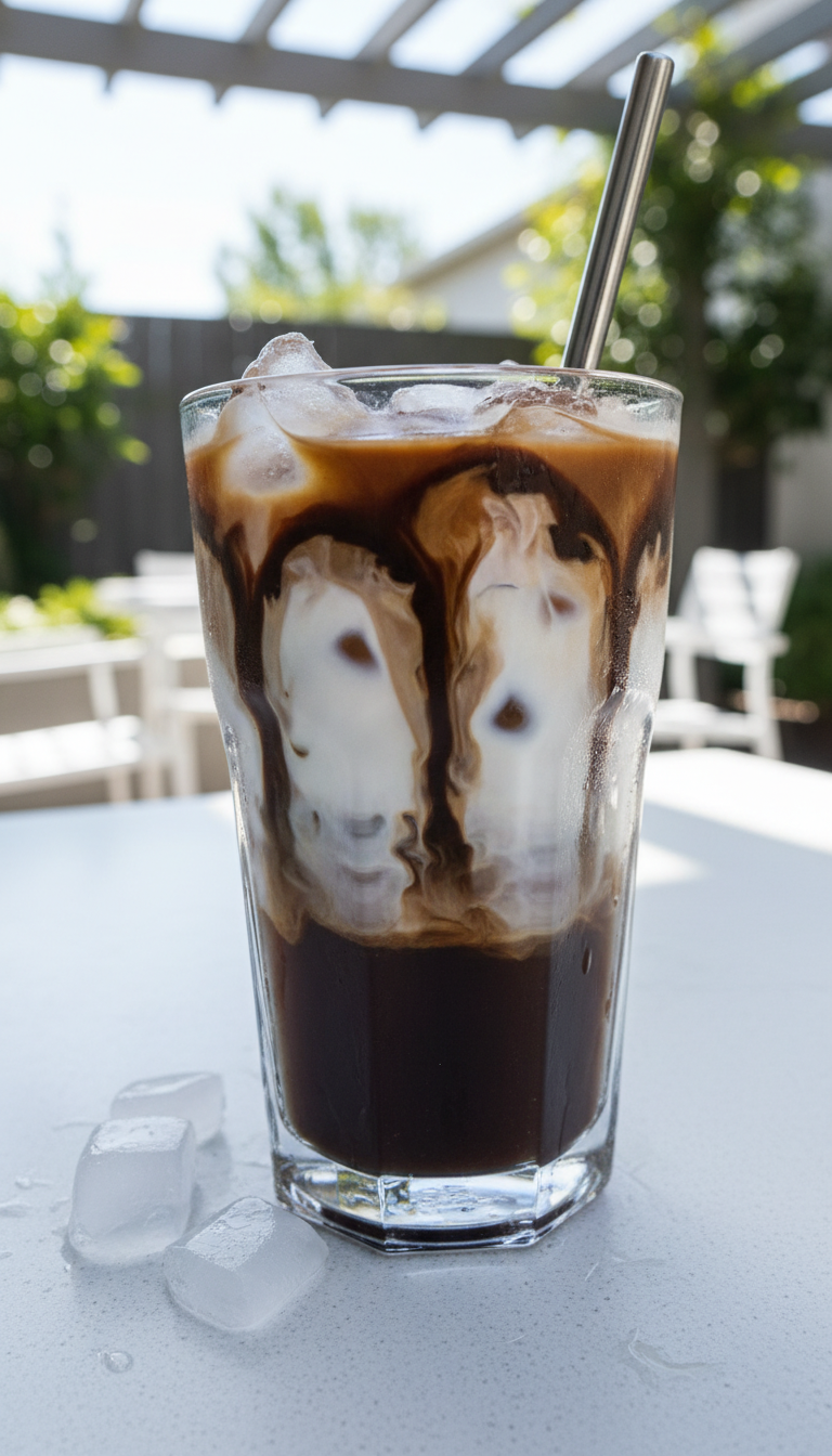 Homemade Peppermint Mocha Coffee Syrup: Master This Recipe 9 Tall glass of iced peppermint mocha coffee with ice, cold brew, milk, and syrup swirl on an outdoor patio. Refreshing.