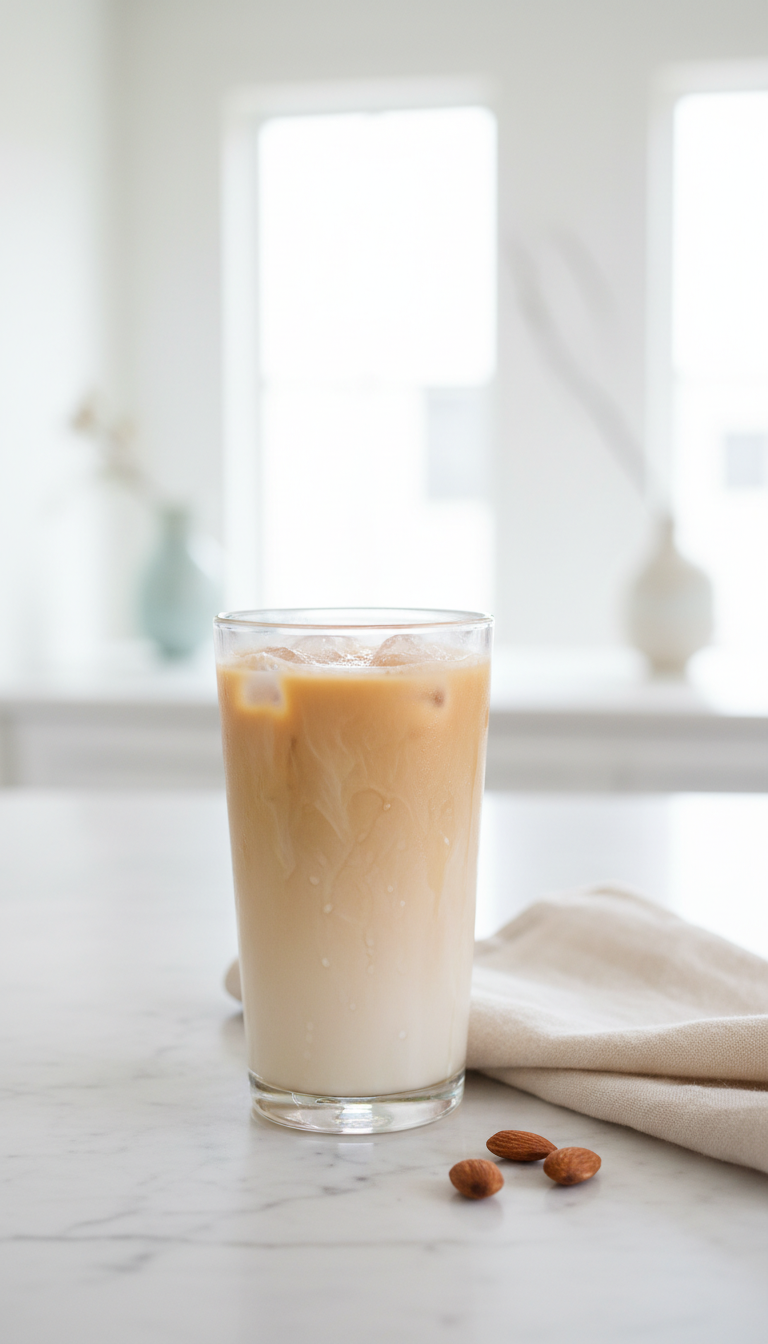 Dunkin Donuts Iced Coffee Toasted Almond: 7 Must-Try Orders 5 Tall glass of non-dairy toasted almond iced coffee, almond milk, condensation, whole almonds on marble. Bright, fresh, minimalist.