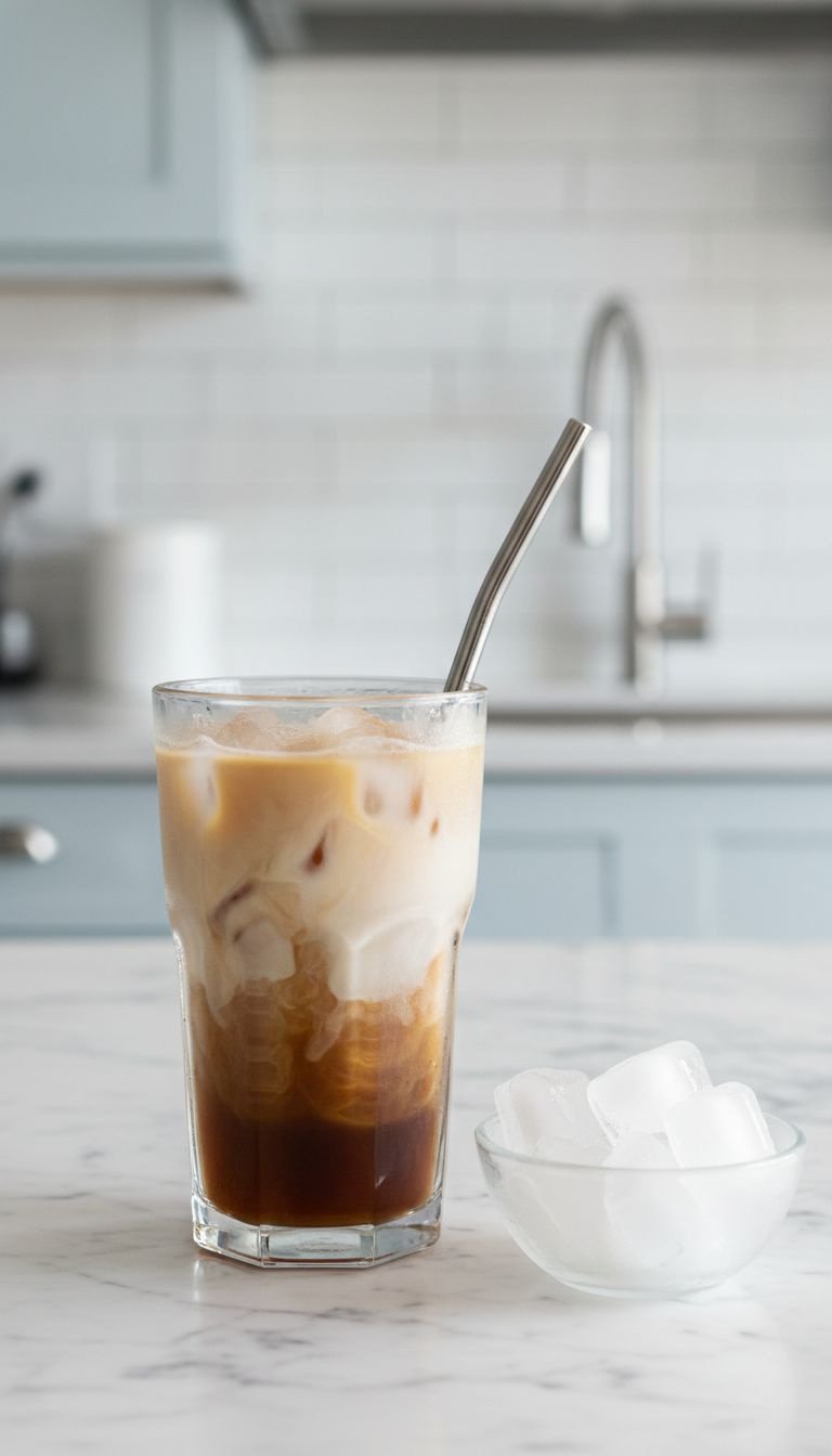 7 Secrets To Master Your London Fog Latte Recipe 7 Tall glass with ice, Earl Grey tea concentrate, and creamy cold milk/vanilla mixture, on a marble countertop. Iced tea preparation.
