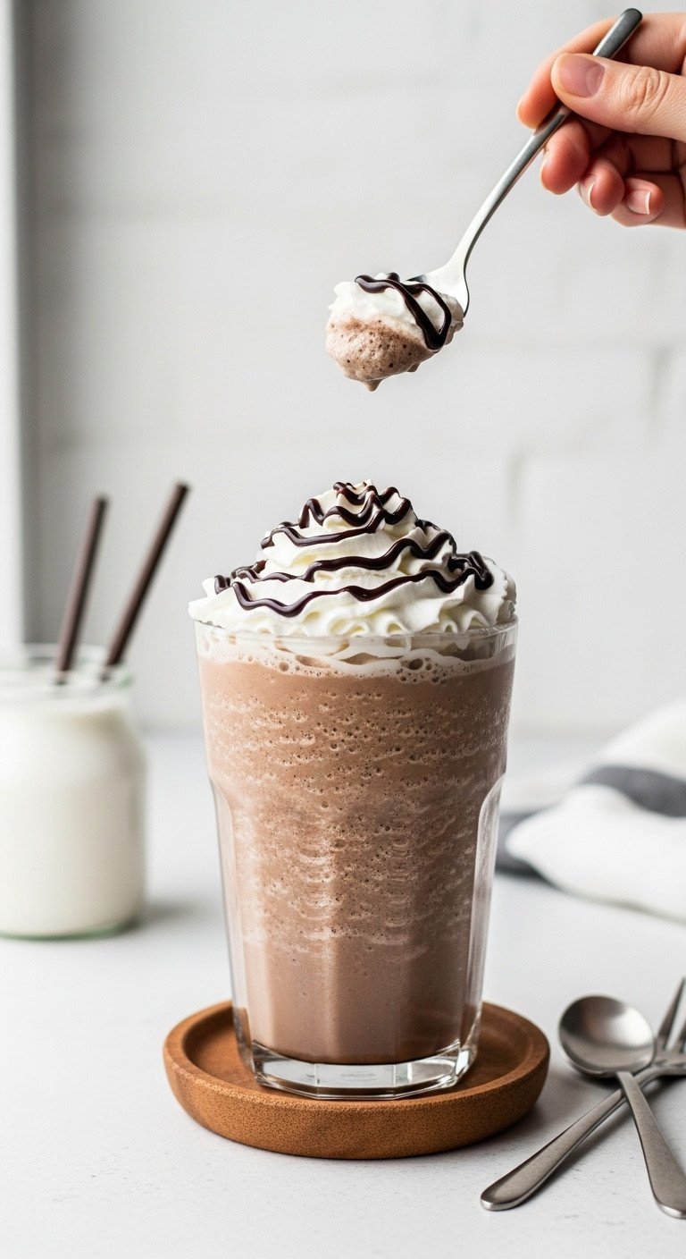 Mocha Frappe Copycat Guide For Perfect Creamy Texture 9 Tall, icy blended mocha frappe with thick whipped cream and chocolate drizzle in glass on wood coaster.