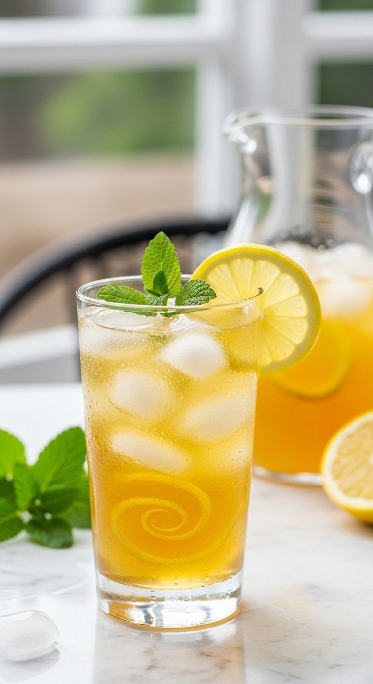 Brew The Perfect Lemon Balm Tea With Fresh Or Dried Leaves 3 Tall, refreshing glass of iced lemon balm tea with a lemon wheel and fresh herbs on a bright white marble countertop.