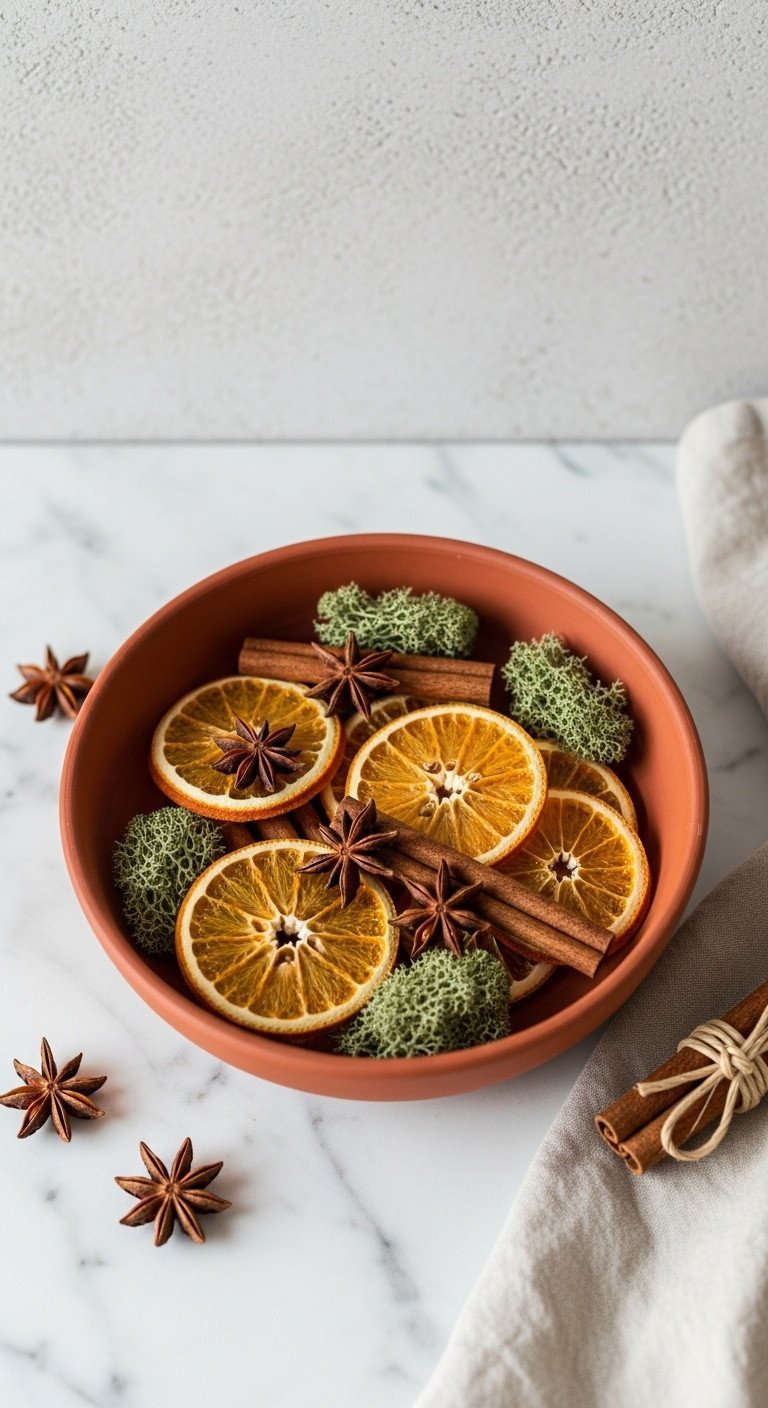 Terracotta bowl with dried orange slices, star anise, cinnamon, green moss on linen. Natural, fresh autumn home decor.