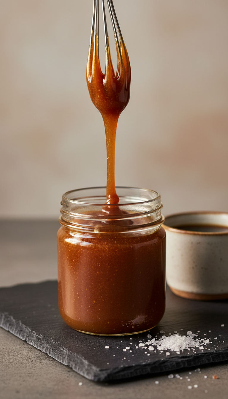 Delicious Homemade Maple Coffee Syrup 5 Best Flavors 5 Thick Gourmet Salted Maple Caramel Syrup drizzling into a clear glass jar from a whisk on dark stone, golden light.
