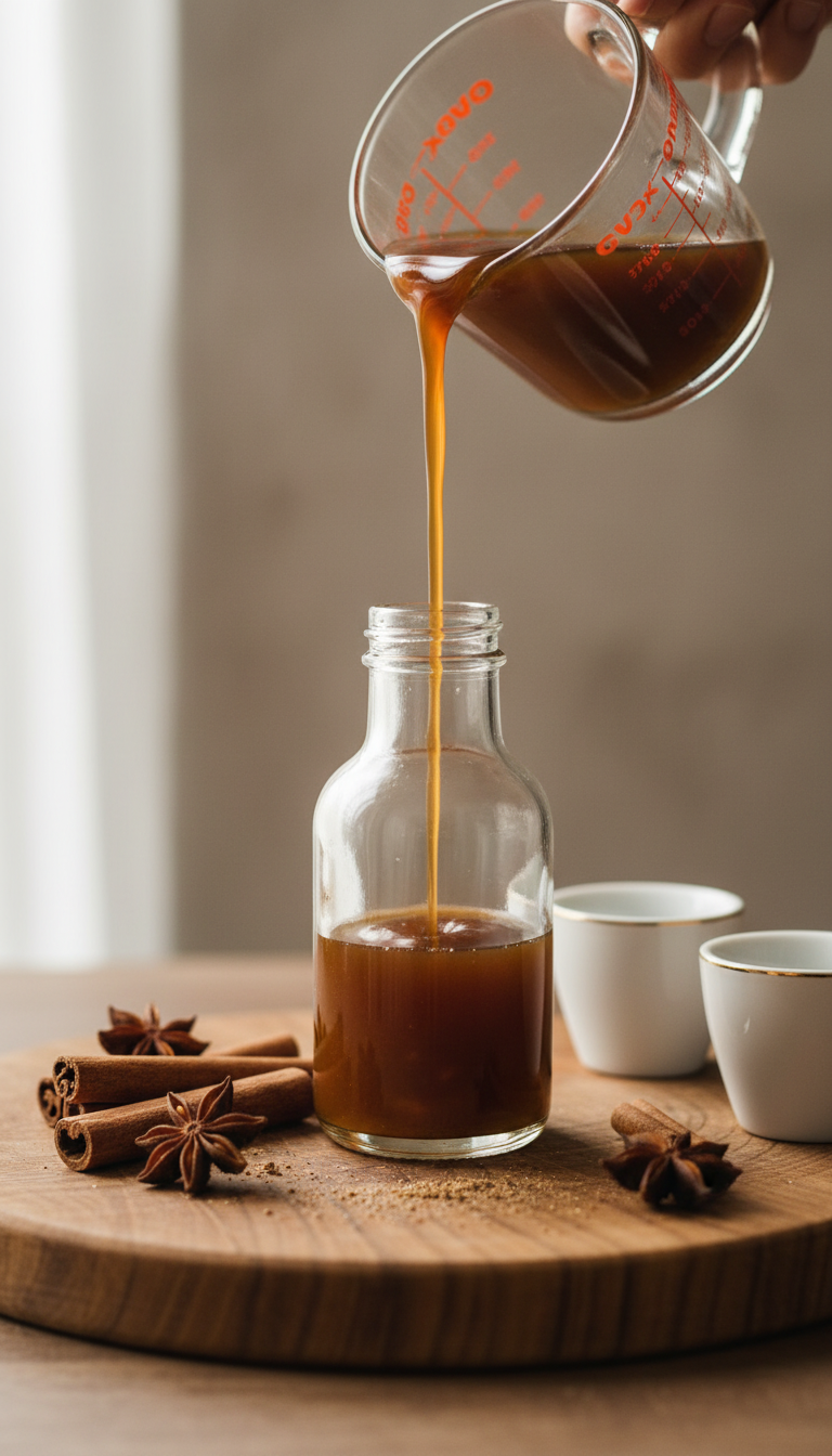 Homemade Banana Coffee Syrup: Proven Recipe for Rich Flavor 5 Thick amber banana bread syrup pouring into clear bottle, with whole cinnamon sticks, star anise on rustic wood table.