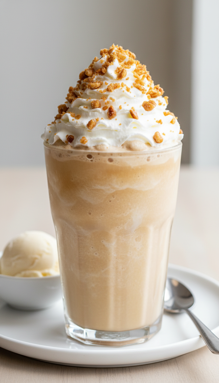 Thick blended frozen coffee with whipped cream and butter pecan crunch topping on white ceramic plate. Creamy dessert coffee.