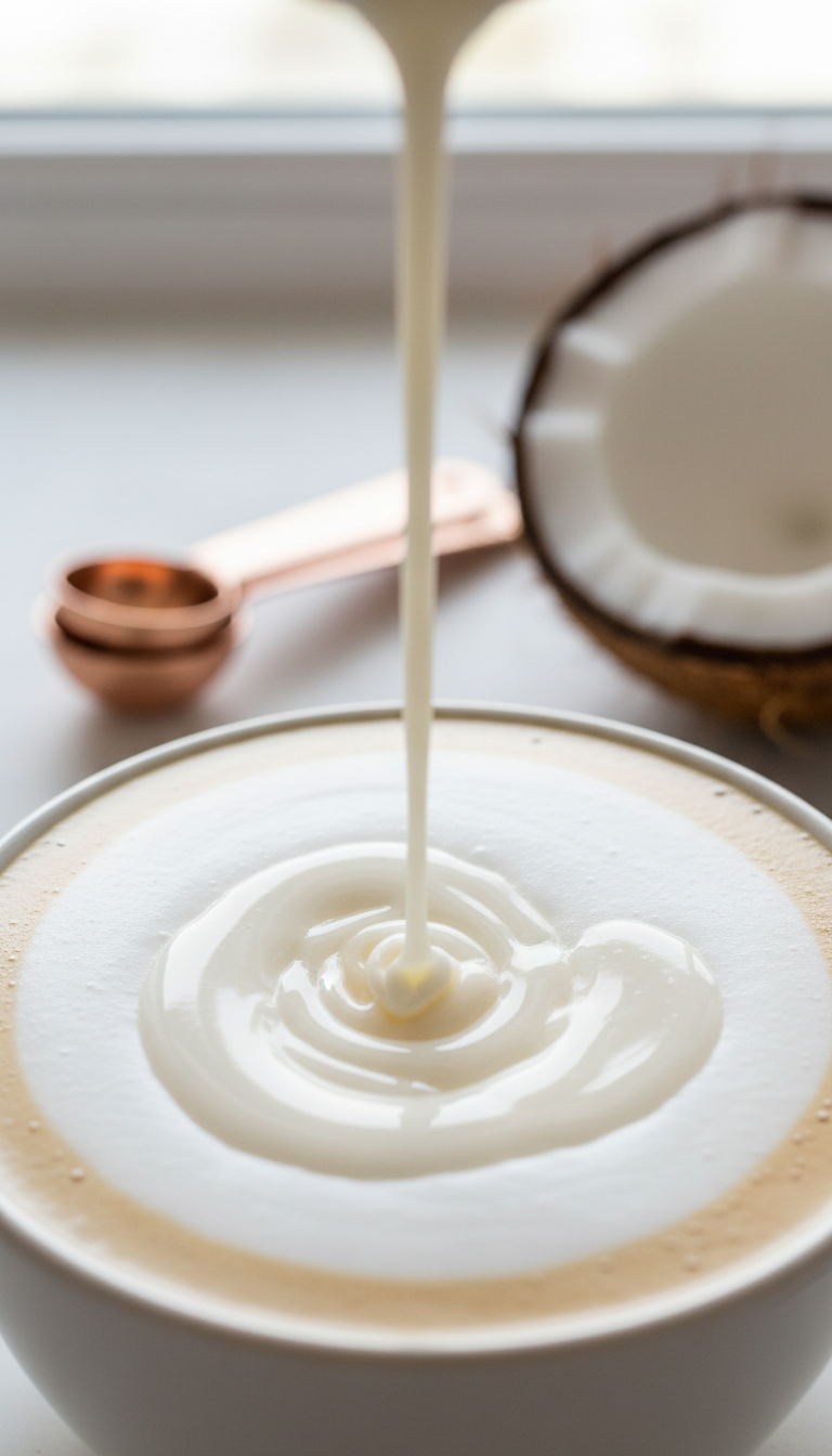 Homemade Coconut Coffee Syrup: Master Barista Flavor 7 Thick coconut milk syrup drizzled on a milky white latte foam, emphasizing richness and texture, on ceramic.