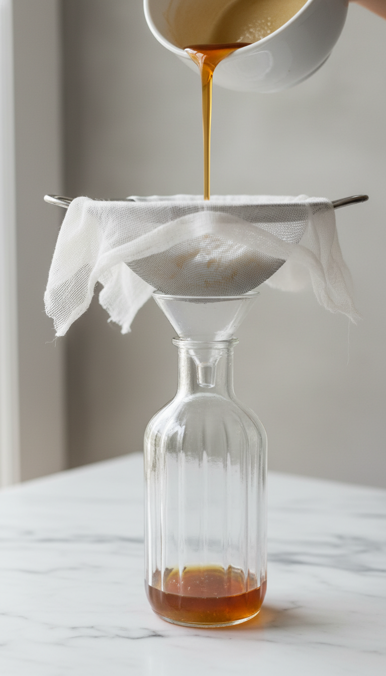 Homemade Toasted Coconut Coffee Syrup: Easy Recipe 7 Thick coconut syrup poured through a cheesecloth-lined sieve into a glass bottle on a marble countertop, showing straining process.