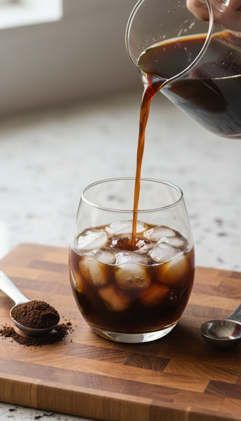 Thick dark cold brew concentrate pours from a pitcher into an ice-filled glass on a wooden board, with coffee grounds.