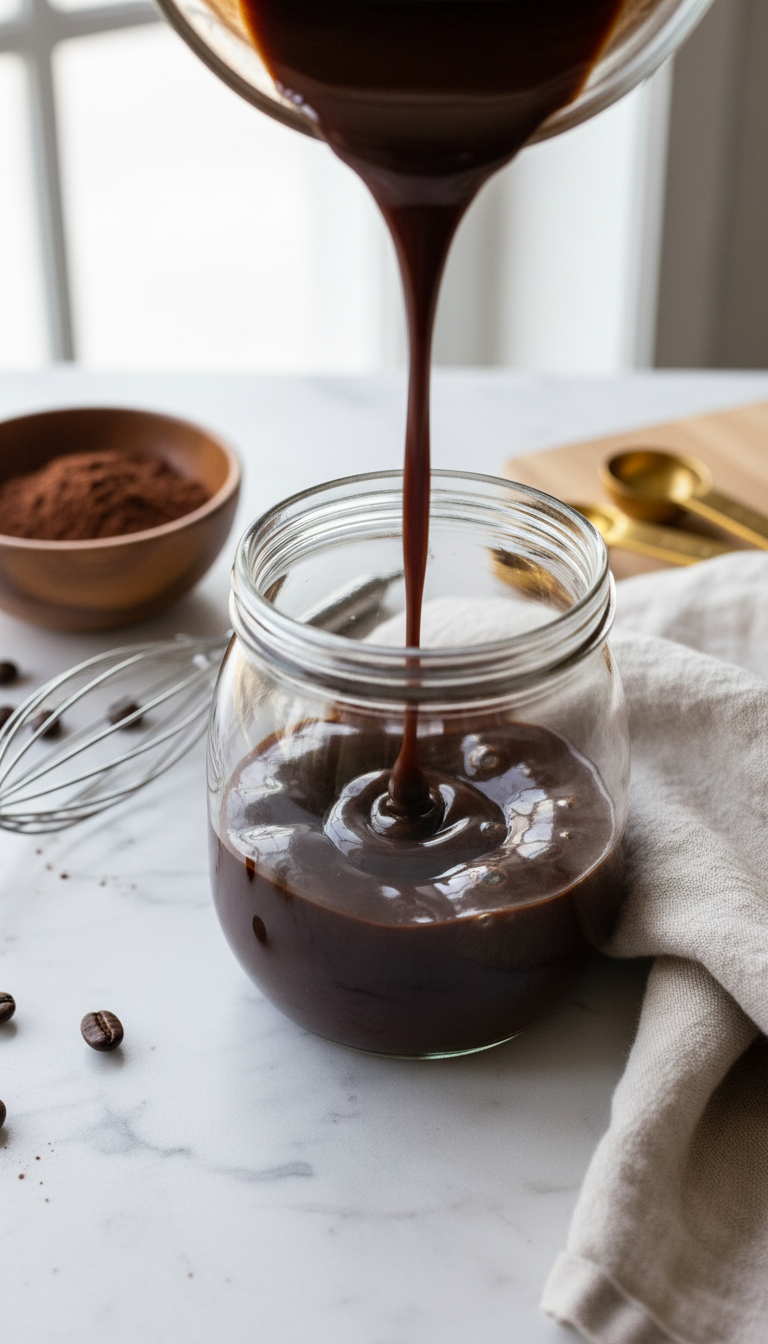 Thick dark mocha keto coffee syrup drizzling into a glass jar on white marble, with cocoa powder and espresso beans.