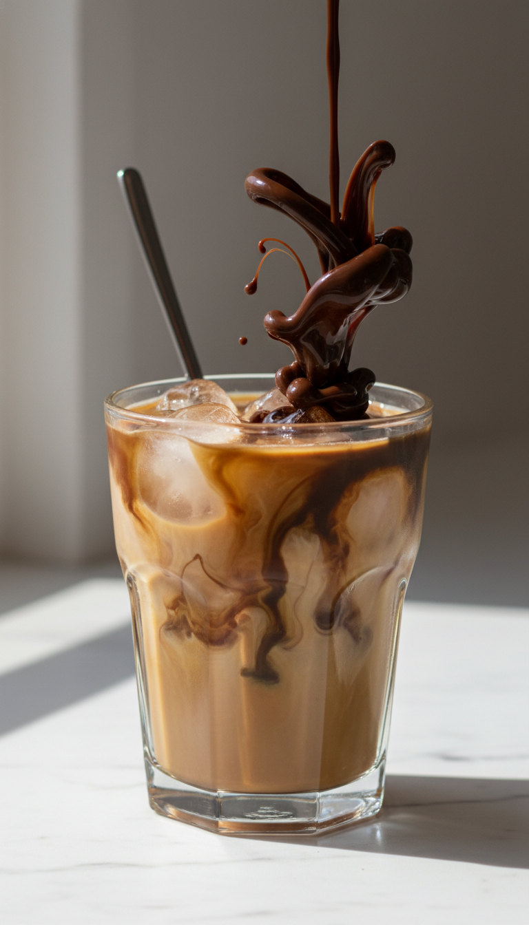 Thick dark mocha syrup swirling into a clear glass of iced coffee, creating a rich chocolate texture. Indulgent sweet coffee drink.