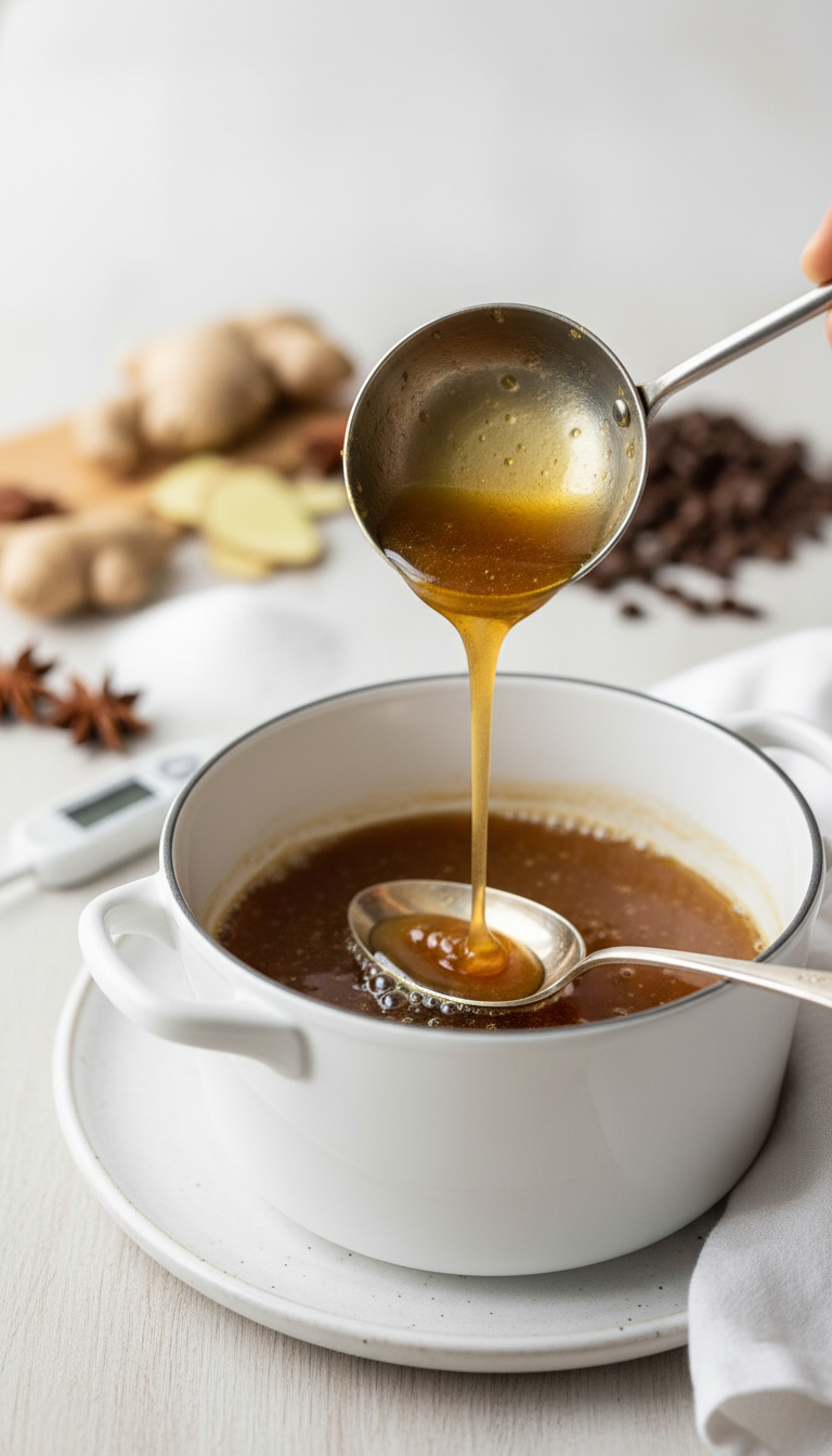 Thick ginger coffee syrup pouring from a ladle into a pot, highlighting its rich viscosity in a bright kitchen setting.